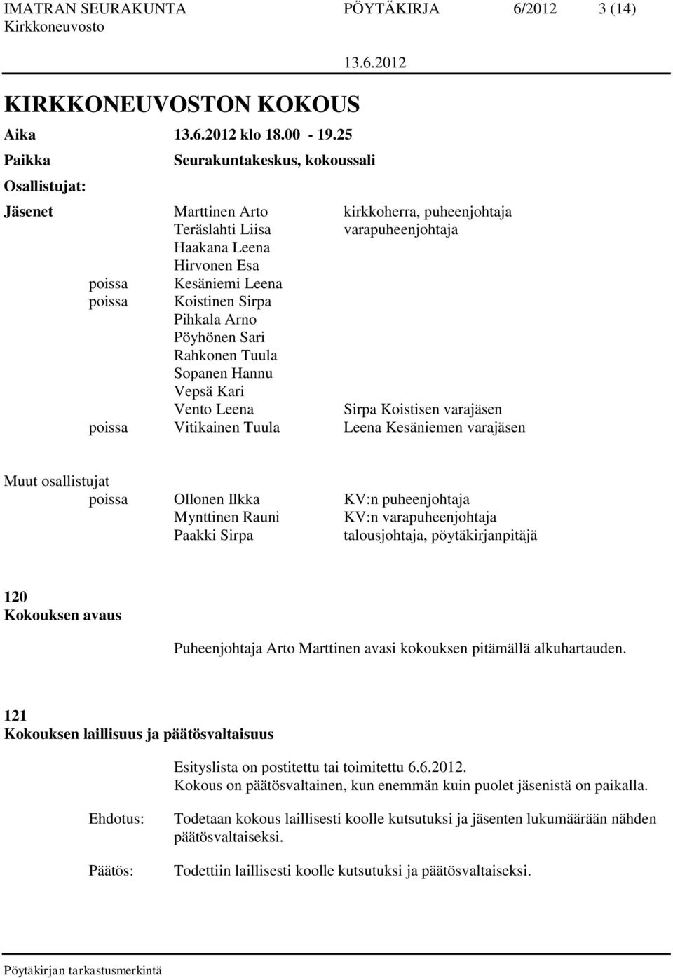 Koistinen Sirpa Pihkala Arno Pöyhönen Sari Rahkonen Tuula Sopanen Hannu Vepsä Kari Vento Leena Sirpa Koistisen varajäsen poissa Vitikainen Tuula Leena Kesäniemen varajäsen Muut osallistujat poissa