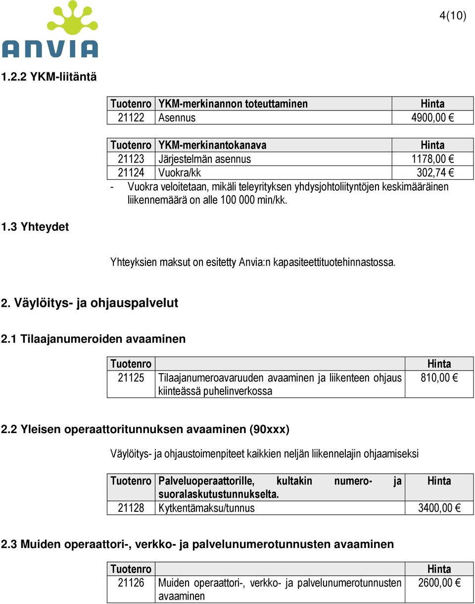 teleyrityksen yhdysjohtoliityntöjen keskimääräinen liikennemäärä on alle 100 000 min/kk. 1.3 Yhteydet Yhteyksien maksut on esitetty Anvia:n kapasiteettituotehinnastossa. 2.