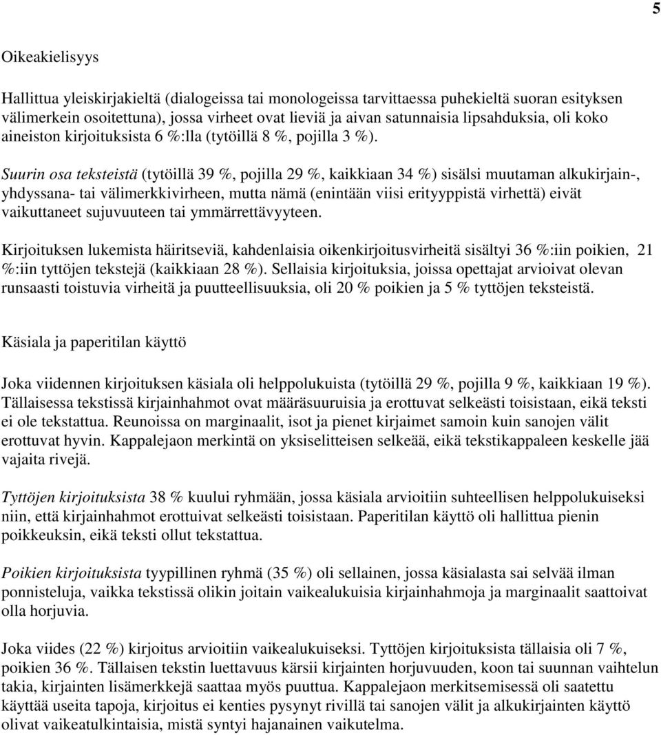 Suurin osa teksteistä (tytöillä 39 %, pojilla 29 %, kaikkiaan 34 %) sisälsi muutaman alkukirjain-, yhdyssana- tai välimerkkivirheen, mutta nämä (enintään viisi erityyppistä virhettä) eivät