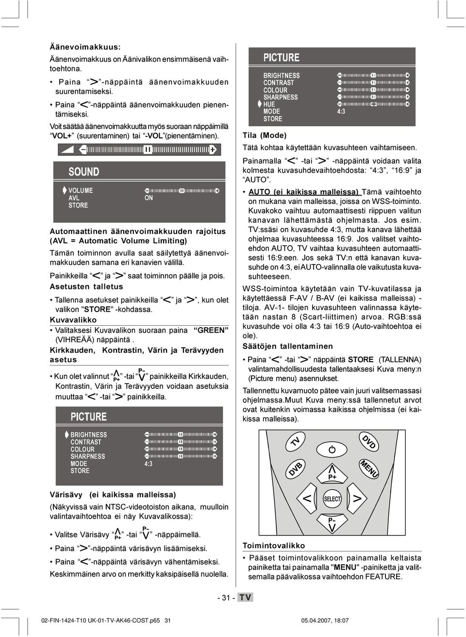 92/80( $9/ Automaattinen äänenvoimakkuuden rajoitus (A = Automatic olume imiting) Tämän toiminnon avulla saat säilytettyä äänenvoimakkuuden samana eri kanavien välillä.