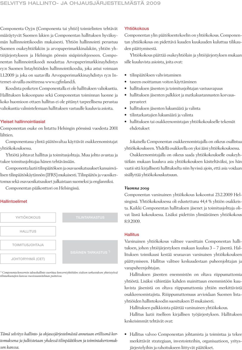 Componentan hallinnointikoodi noudattaa Arvopaperimarkkinayhdistys ry:n Suomen listayhtiöiden hallinnointikoodia, joka astui voimaan 1.