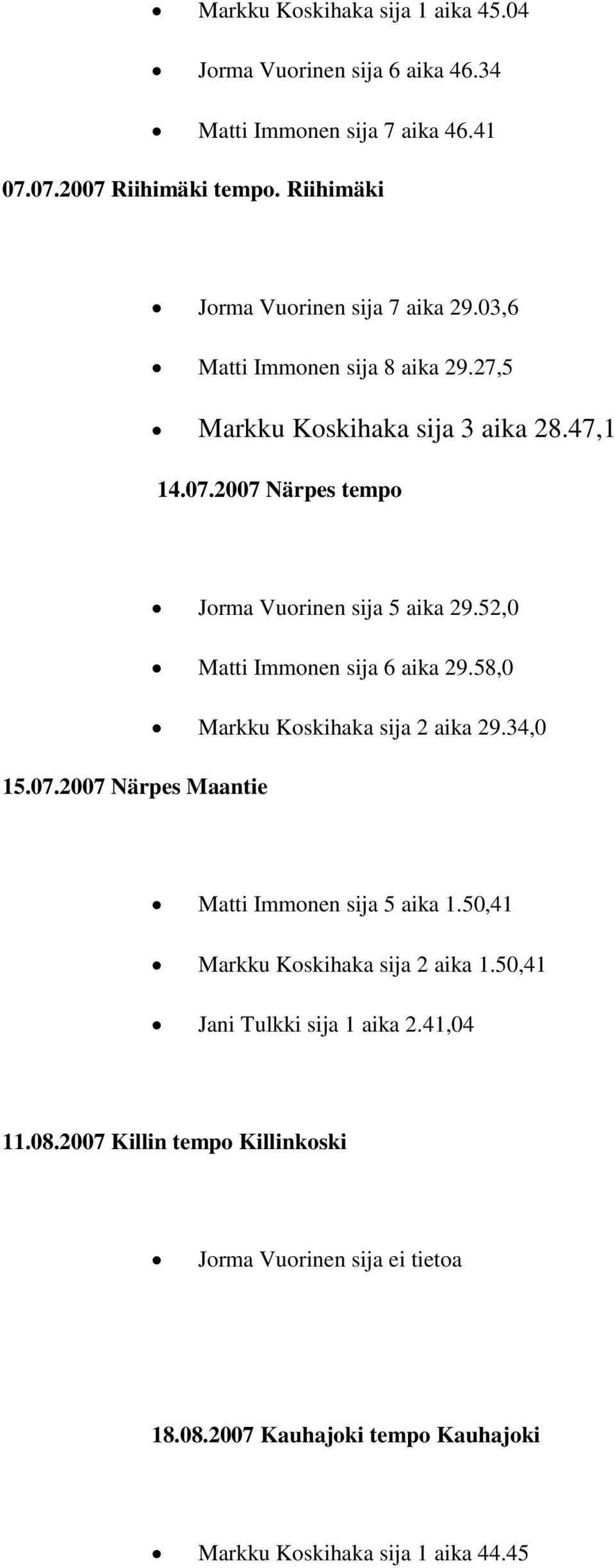 2007 Närpes tempo Jorma Vuorinen sija 5 aika 29.52,0 Matti Immonen sija 6 aika 29.58,0 Markku Koskihaka sija 2 aika 29.34,0 15.07.2007 Närpes Maantie Matti Immonen sija 5 aika 1.