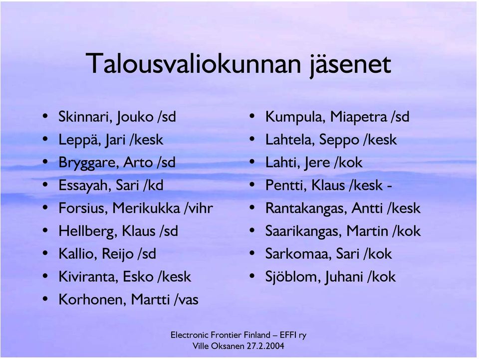 Korhonen, Martti /vas Kumpula, Miapetra /sd Lahtela, Seppo /kesk Lahti, Jere /kok Pentti,