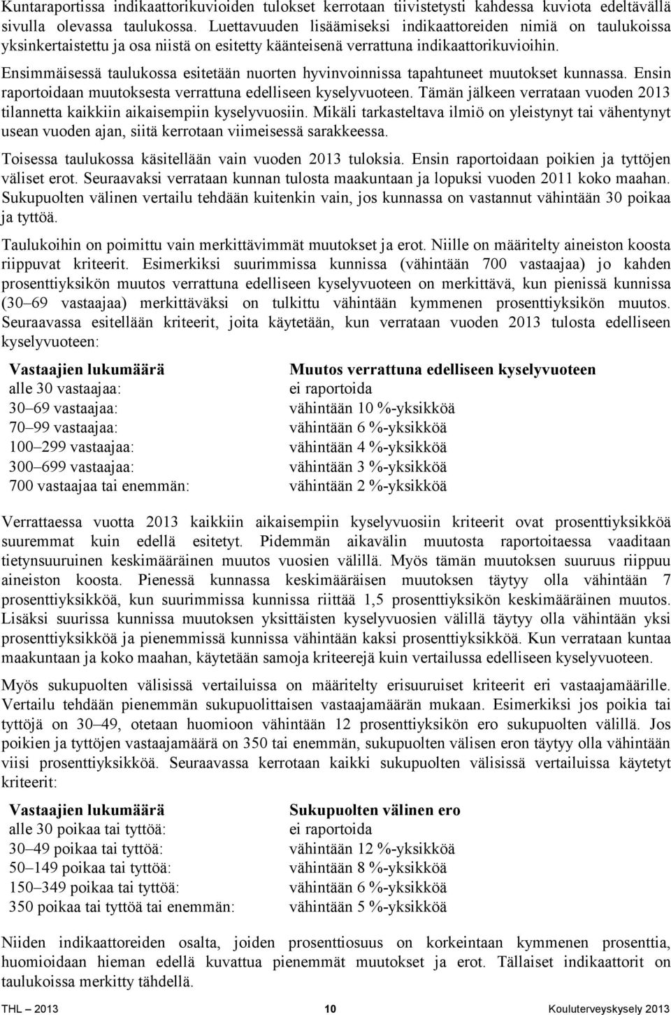 Ensimmäisessä taulukossa esitetään nuorten hyvinvoinnissa tapahtuneet muutokset kunnassa. Ensin raportoidaan muutoksesta verrattuna edelliseen kyselyvuoteen.