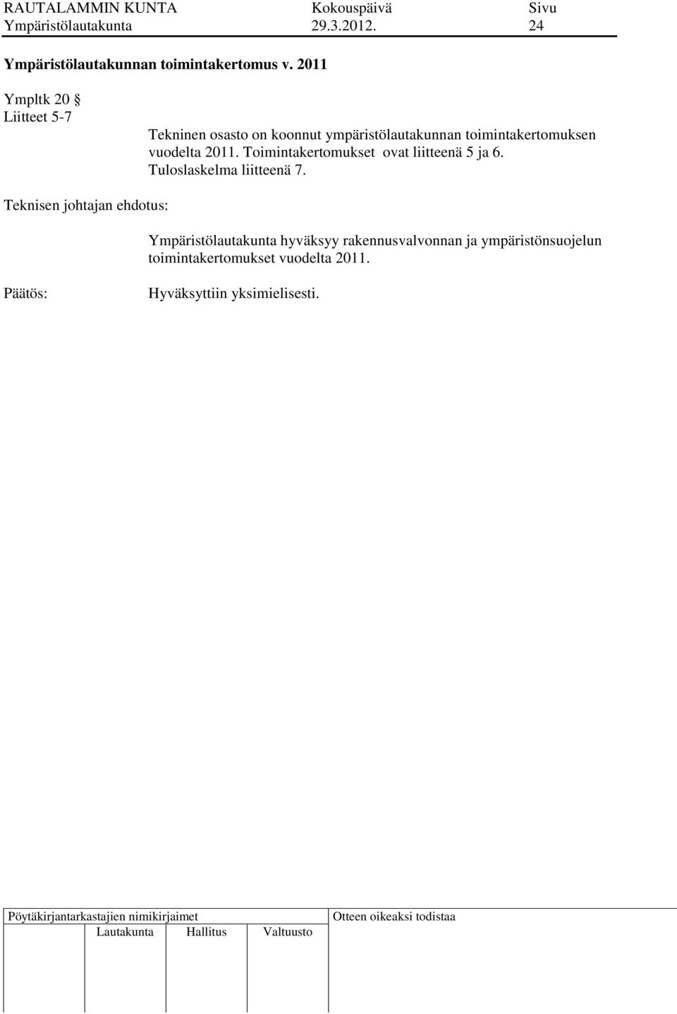 vuodelta 2011. Toimintakertomukset ovat liitteenä 5 ja 6. Tuloslaskelma liitteenä 7.