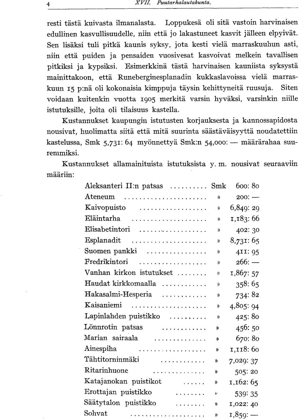 Esimerkkinä tästä harvinaisen kauniista syksystä mainittakoon, että Runeberginesplanadin kukkaslavoissa vielä marraskuun 15 p:nä oli kokonaisia kimppuja täysin kehittyneitä ruusuja.