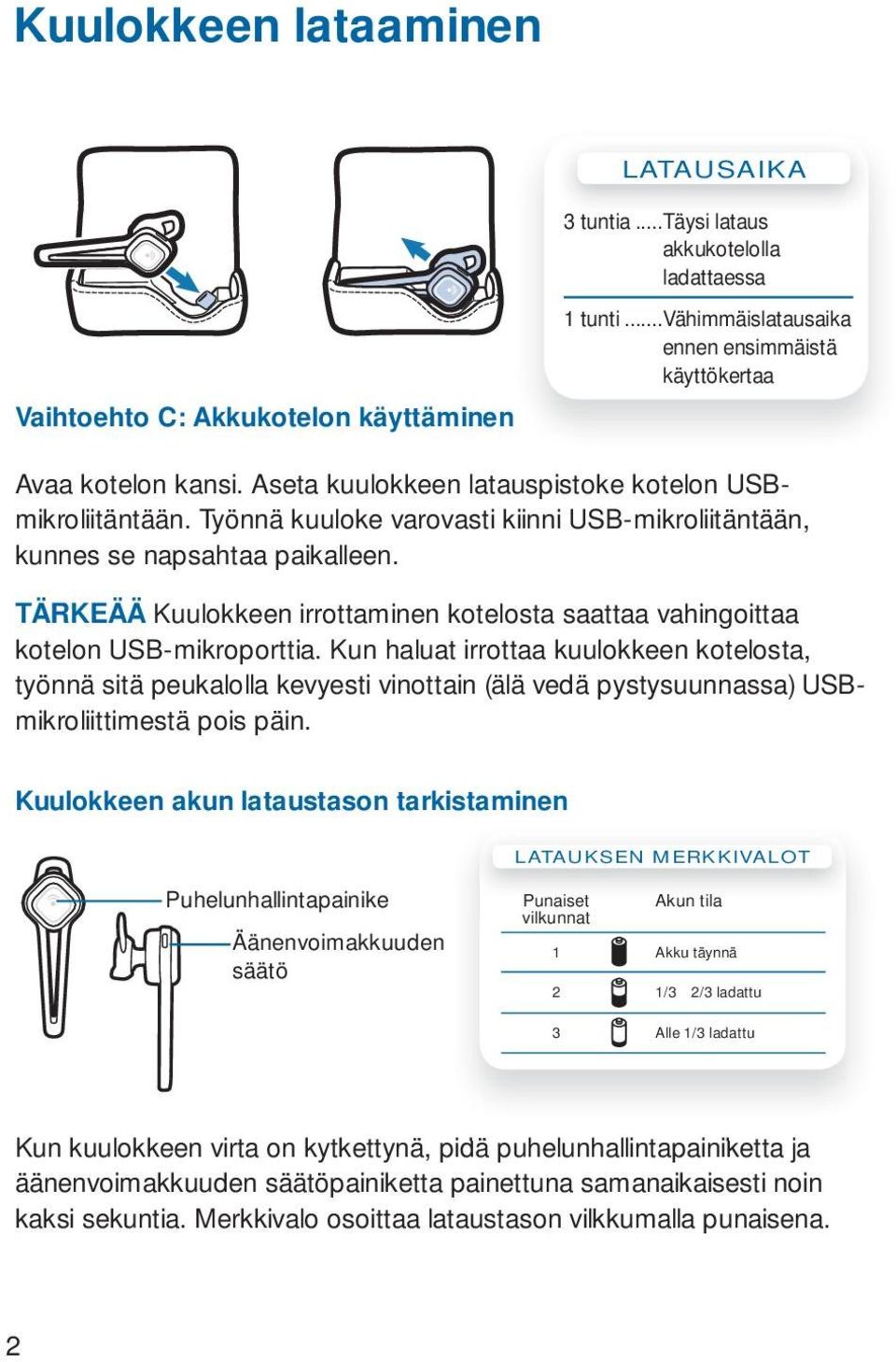 Työnnä kuuloke varovasti kiinni USB-mikroliitäntään, kunnes se napsahtaa paikalleen. TÄRKEÄÄ Kuulokkeen irrottaminen kotelosta saattaa vahingoittaa kotelon USB-mikroporttia.