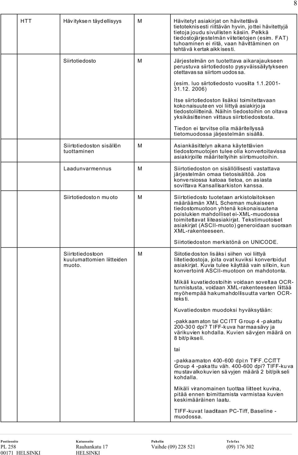 Siirtotiedosto Järjestelmän on tuotettava aikarajaukseen perustuva siirtotiedosto pysyväissäilytykseen otettavassa siirtom uodossa. (esim. luo siirtotiedosto vuosilta 1.1.2001-31.12.