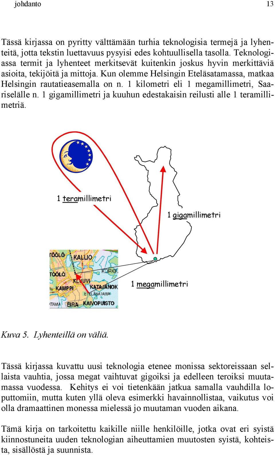 1 kilometri eli 1 megamillimetri, Saariselälle n. 1 gigamillimetri ja kuuhun edestakaisin reilusti alle 1 teramillimetriä. 1 teramillimetri 1 gigamillimetri 1 megamillimetri Kuva 5.