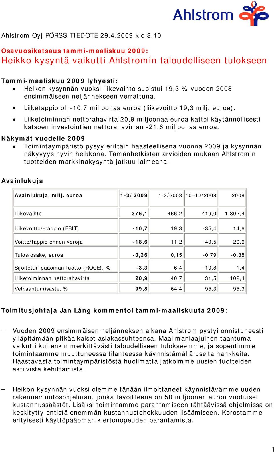 ensimmäiseen neljännekseen verrattuna. Liiketappio oli -10,7 miljoonaa euroa (liikevoitto 19,3 milj. euroa).