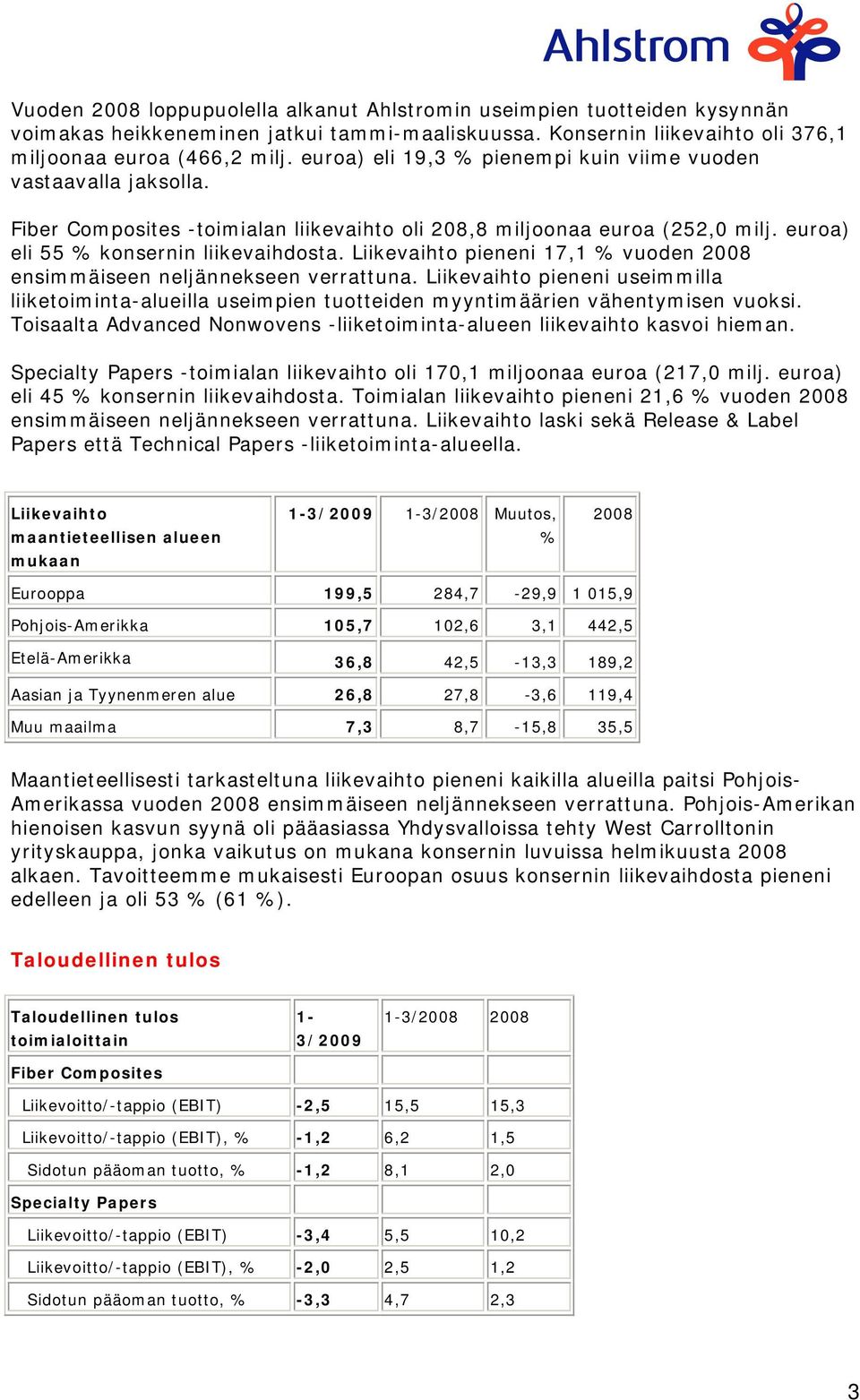 Liikevaihto pieneni 17,1 % vuoden 2008 ensimmäiseen neljännekseen verrattuna. Liikevaihto pieneni useimmilla liiketoiminta-alueilla useimpien tuotteiden myyntimäärien vähentymisen vuoksi.