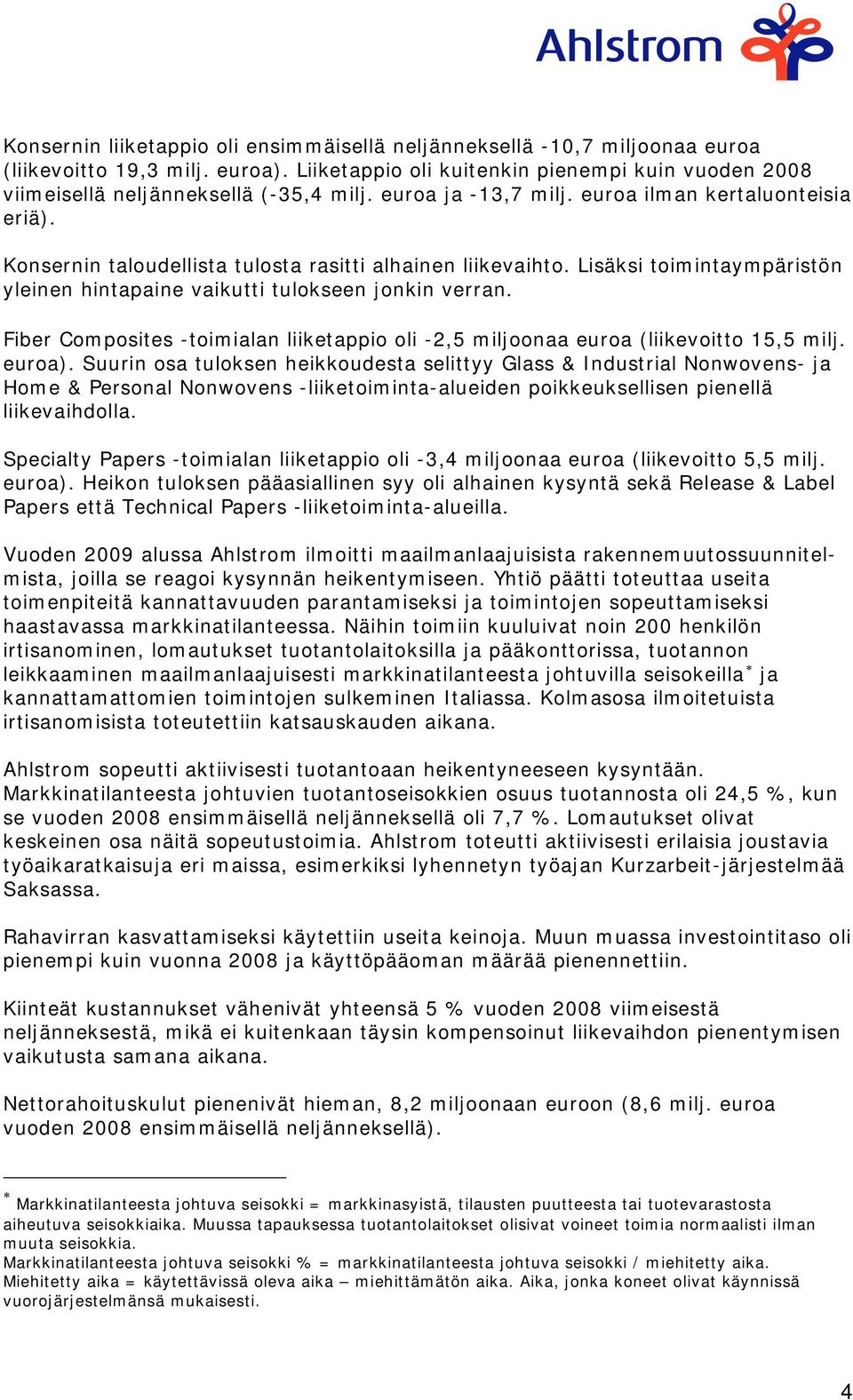 Fiber Composites -toimialan liiketappio oli -2,5 miljoonaa euroa (liikevoitto 15,5 milj. euroa).