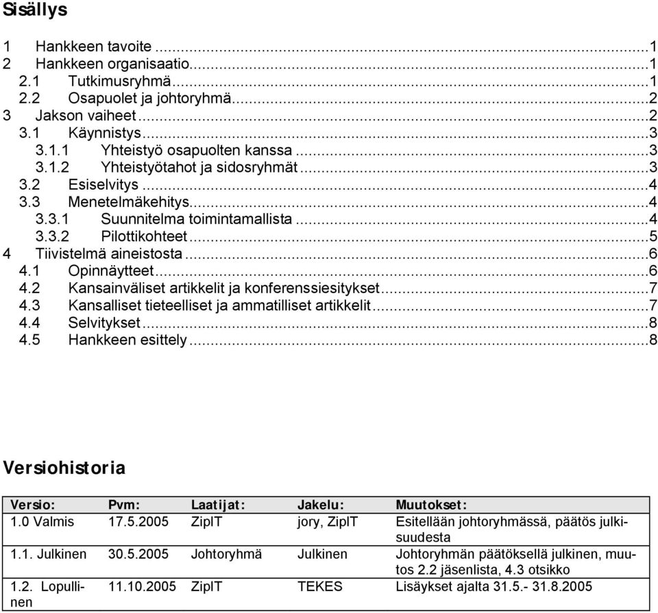 ..7 4.3 Kansalliset tieteelliset ja ammatilliset artikkelit...7 4.4 Selvitykset...8 4.5 Hankkeen esittely...8 Versiohistoria Versio: Pvm: Laatijat: Jakelu: Muutokset: 1.0 Valmis 17.5.2005 ZipIT jory, ZipIT Esitellään johtoryhmässä, päätös julkisuudesta 1.