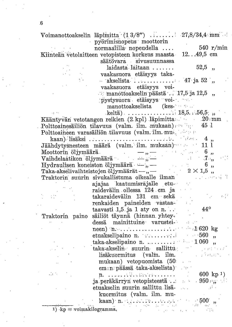 keltä) *, 18,5. : 1.56,5; Kääntyvän vetotangon reikien..(2.kpl).läpimitta....20; mm.polttoainesäiliön tilavuus (valm. ilm. ;Mukaan) s- 45-1 Pölttoaiheen varasäiliön.tilavuus (valm.' kaan).