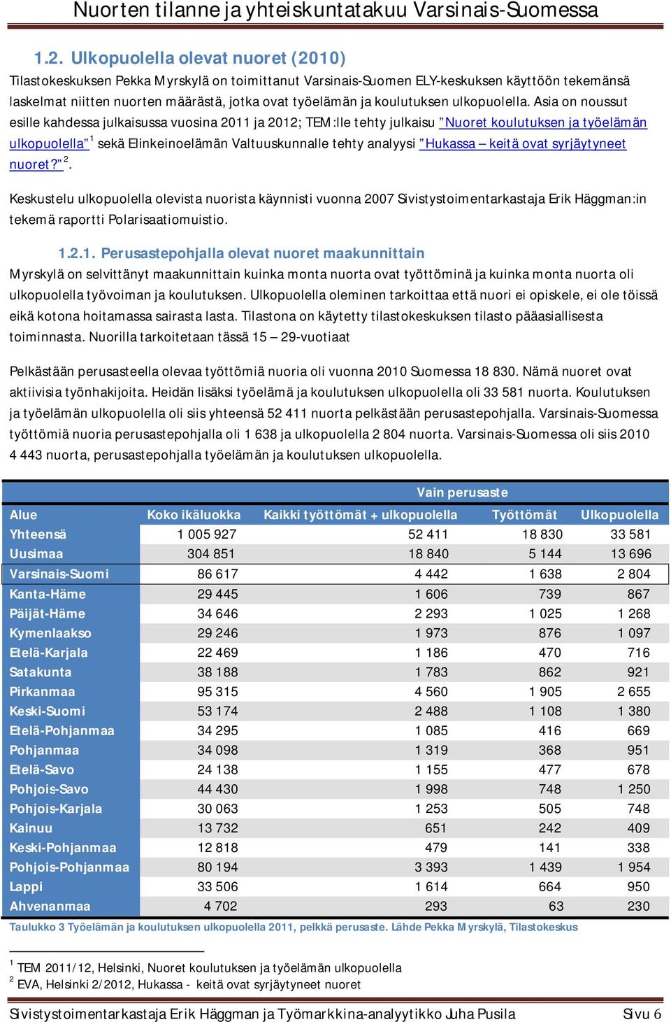 Asia on noussut esille kahdessa julkaisussa vuosina 2011 ja 2012; TEM:lle tehty julkaisu Nuoret koulutuksen ja työelämän ulkopuolella 1 sekä Elinkeinoelämän Valtuuskunnalle tehty analyysi Hukassa