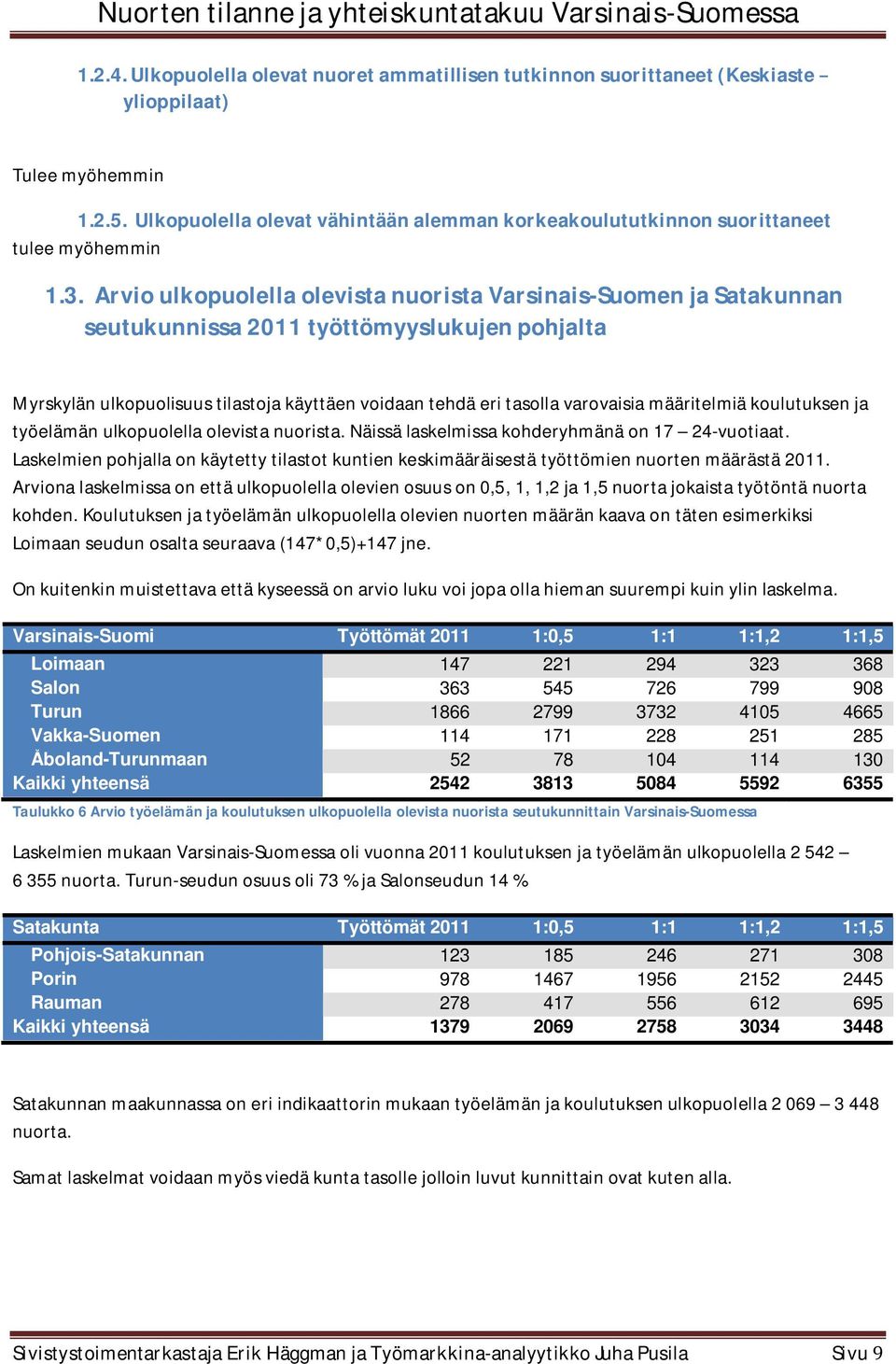Arvio ulkopuolella olevista nuorista Varsinais-Suomen ja Satakunnan seutukunnissa 2011 työttömyyslukujen pohjalta Myrskylän ulkopuolisuus tilastoja käyttäen voidaan tehdä eri tasolla varovaisia