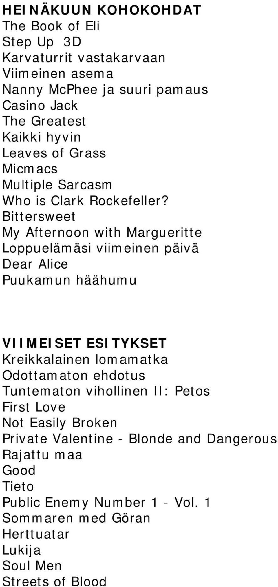 Bittersweet My Afternoon with Margueritte Loppuelämäsi viimeinen päivä Dear Alice Puukamun häähumu VIIMEISET ESITYKSET Kreikkalainen lomamatka