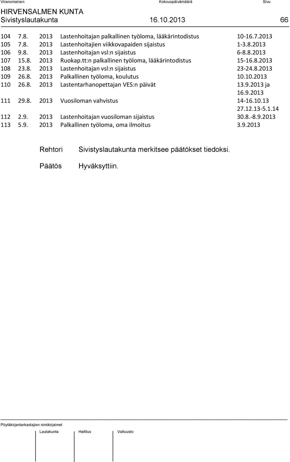 8. 2013 Palkallinen työloma, koulutus 10.10.2013 110 26.8. 2013 Lastentarhanopettajan VES:n päivät 13.9.2013 ja 16.9.2013 111 29.8. 2013 Vuosiloman vahvistus 14-16.10.13 27.12.13-5.1.14 112 2.