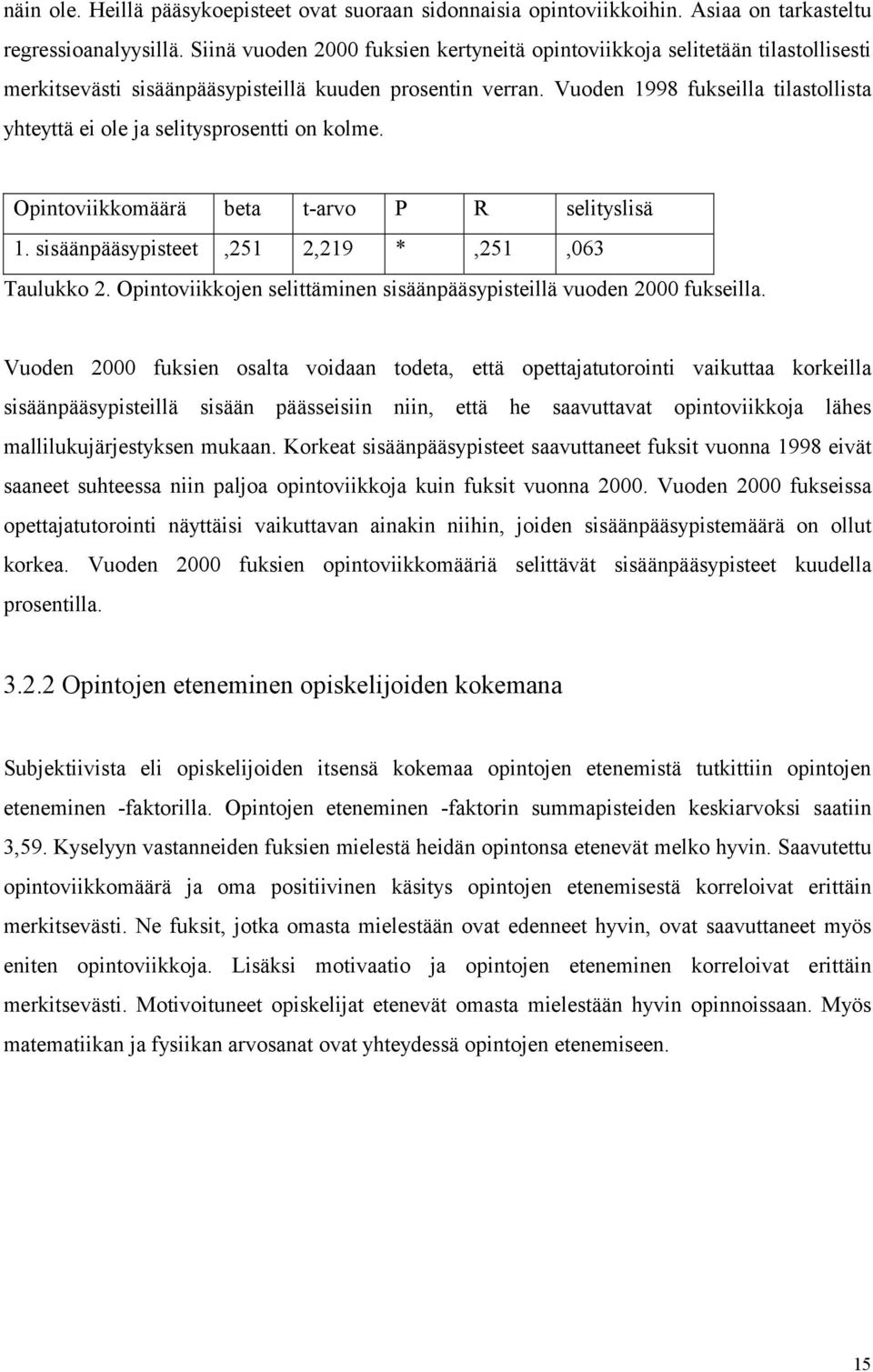 Vuoden 1998 fukseilla tilastollista yhteyttä ei ole ja selitysprosentti on kolme. Opintoviikkomäärä beta t-arvo P R selityslisä 1. sisäänpääsypisteet,251 2,219 *,251,063 Taulukko 2.