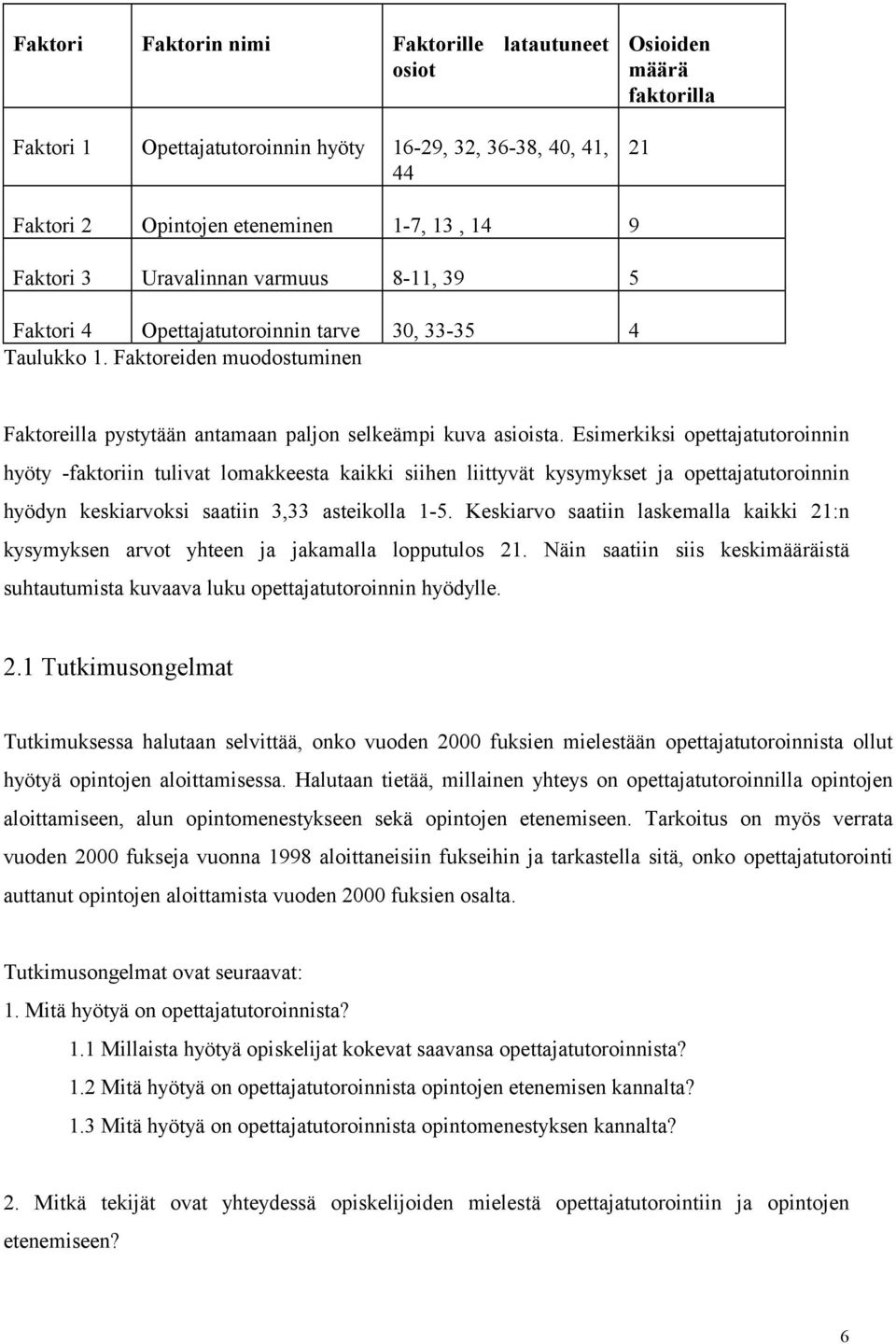 Esimerkiksi opettajatutoroinnin hyöty -faktoriin tulivat lomakkeesta kaikki siihen liittyvät kysymykset ja opettajatutoroinnin hyödyn keskiarvoksi saatiin 3,33 asteikolla 1-5.