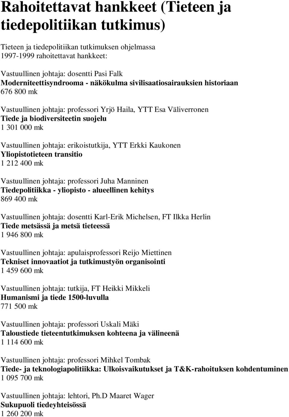 Vastuullinen johtaja: erikoistutkija, YTT Erkki Kaukonen Yliopistotieteen transitio 1 212 400 mk Vastuullinen johtaja: professori Juha Manninen Tiedepolitiikka - yliopisto - alueellinen kehitys 869