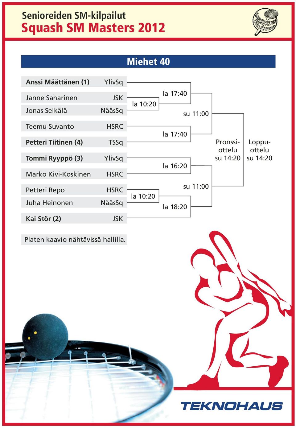 (3) Marko Kivi-Koskinen TSSq YlivSq la 17:40 la 16:20 Pronssiottelu su 14:20 Loppuottelu su 14:20