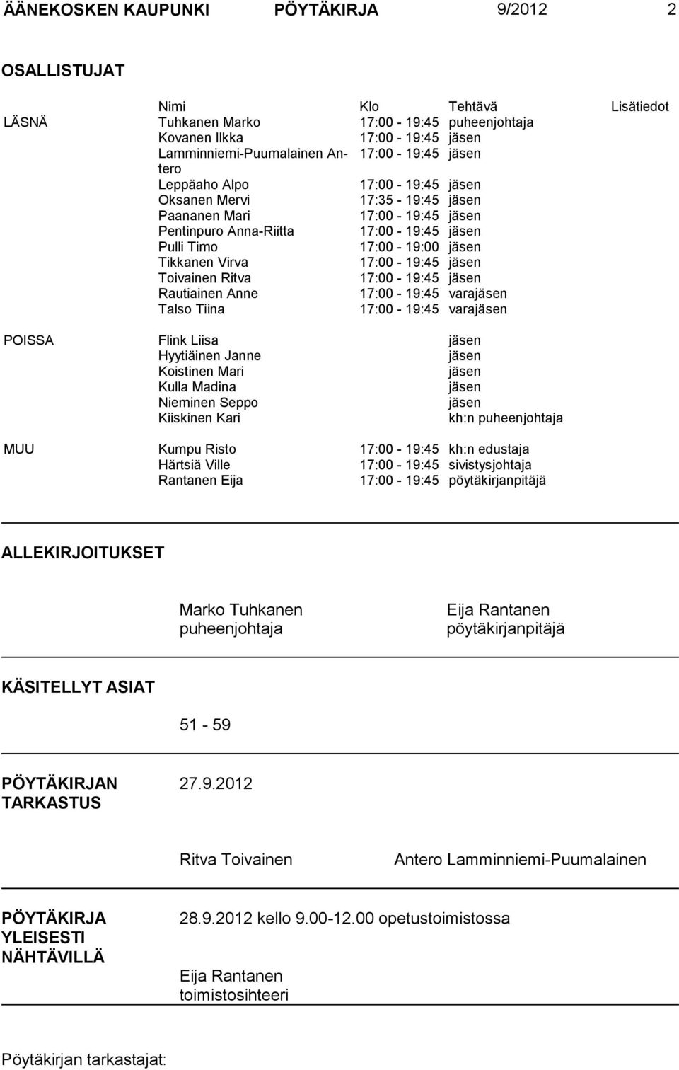 17:00-19:45 jäsen Toivainen Ritva 17:00-19:45 jäsen Rautiainen Anne 17:00-19:45 varajäsen Talso Tiina 17:00-19:45 varajäsen POISSA Flink Liisa jäsen Hyytiäinen Janne jäsen Koistinen Mari jäsen Kulla