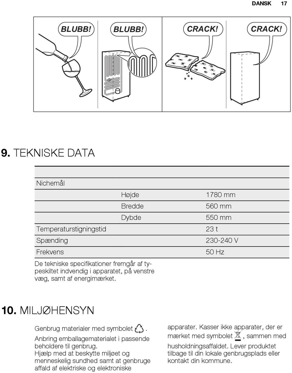 typeskiltet indvendig i apparatet, på venstre væg, samt af energimærket. 10. MILJØHENSYN Genbrug materialer med symbolet.