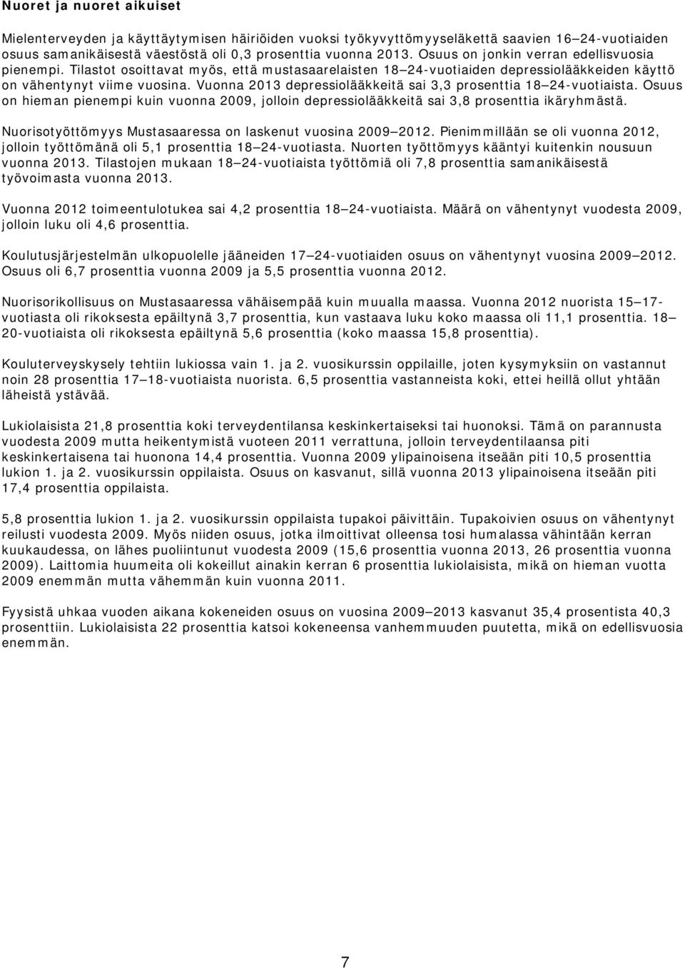 Vuonna 2013 depressiolääkkeitä sai 3,3 prosenttia 18 24-vuotiaista. Osuus on hieman pienempi kuin vuonna 2009, jolloin depressiolääkkeitä sai 3,8 prosenttia ikäryhmästä.