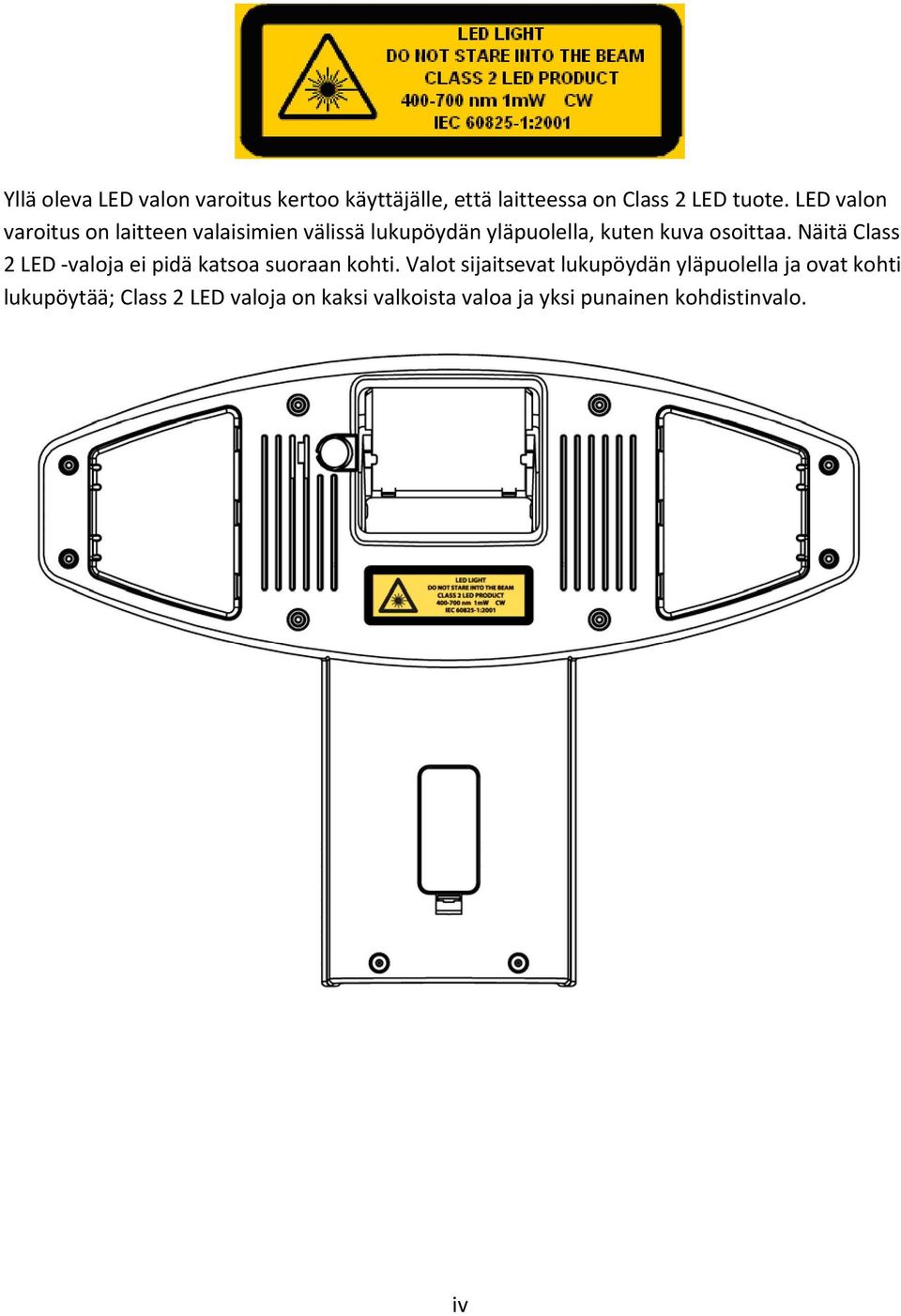 Näitä Class 2 LED valoja ei pidä katsoa suoraan kohti.