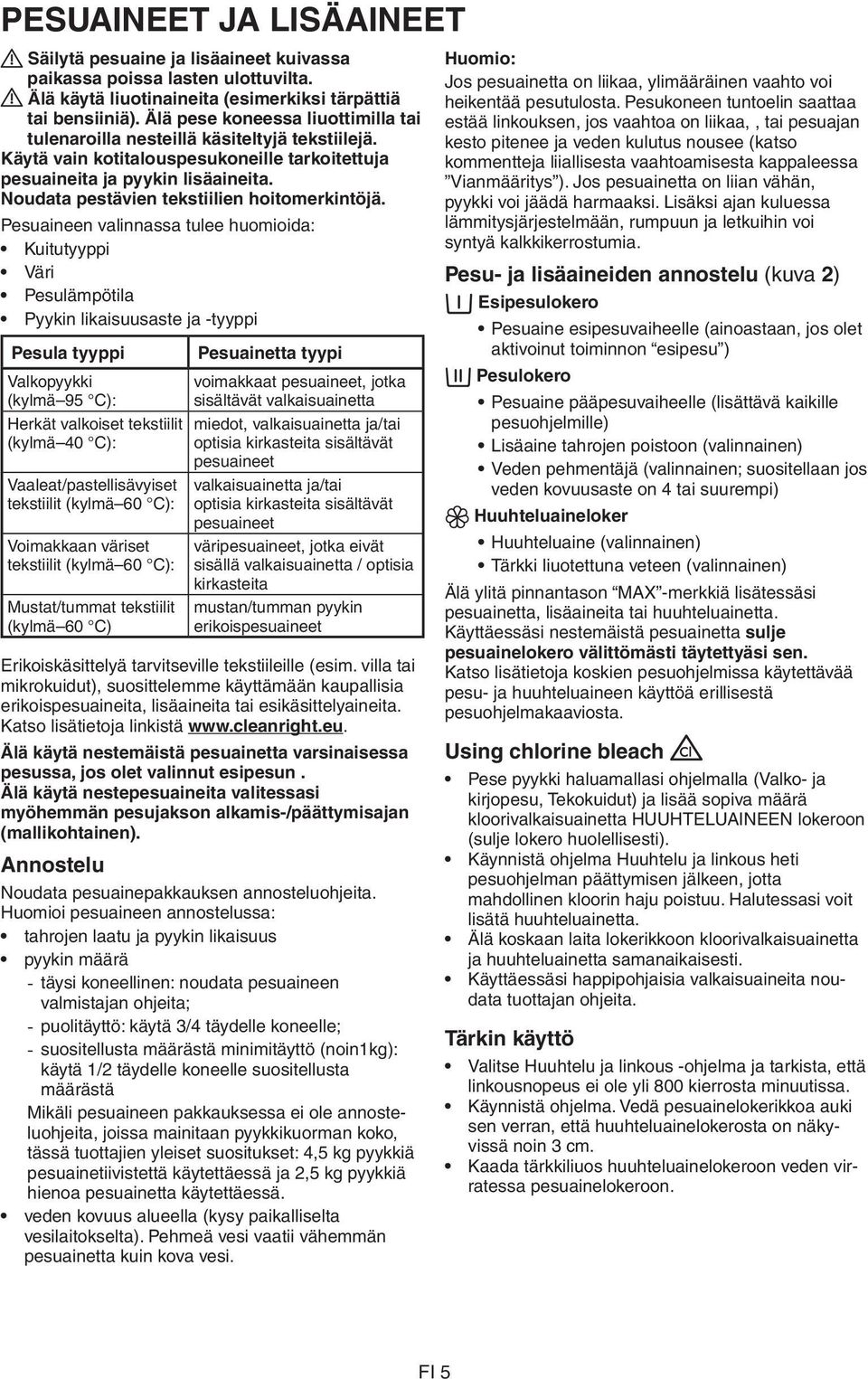 Noudata pestävien tekstiilien hoitomerkintöjä.