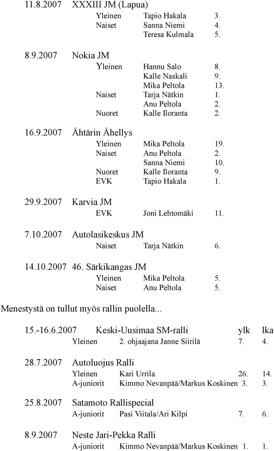7.10.2007 Autolasikeskus JM Naiset Tarja Nätkin 6. 14.10.2007 46. Särkikangas JM Yleinen Mika Peltola 5. Naiset Anu Peltola 5. Menestystä on tullut myös rallin puolella... 15.-16.6.2007 Keski-Uusimaa SM-ralli ylk lka Yleinen 2.