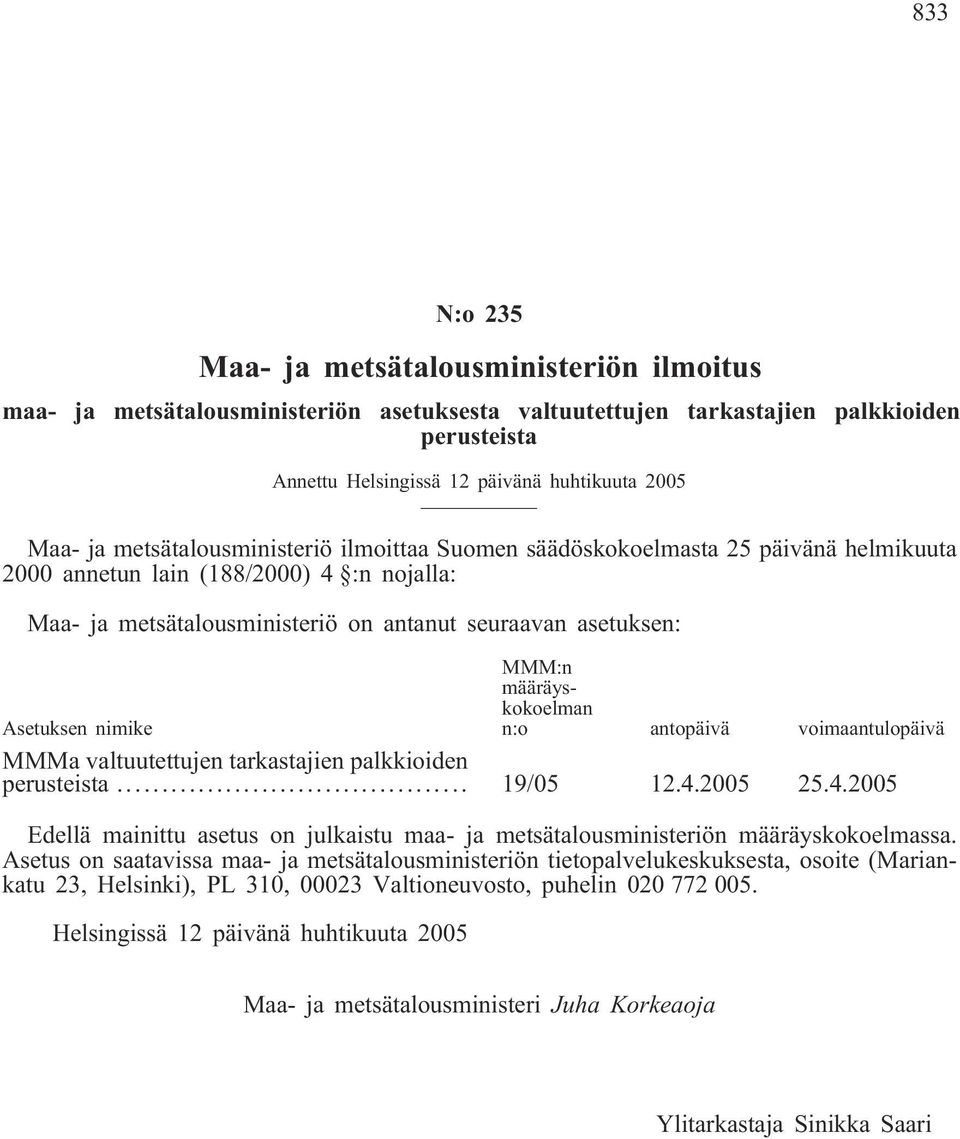nimike MMM:n määräyskokoelman n:o antopäivä voimaantulopäivä MMMa valtuutettujen tarkastajien palkkioiden perusteista... 19/05 12.4.