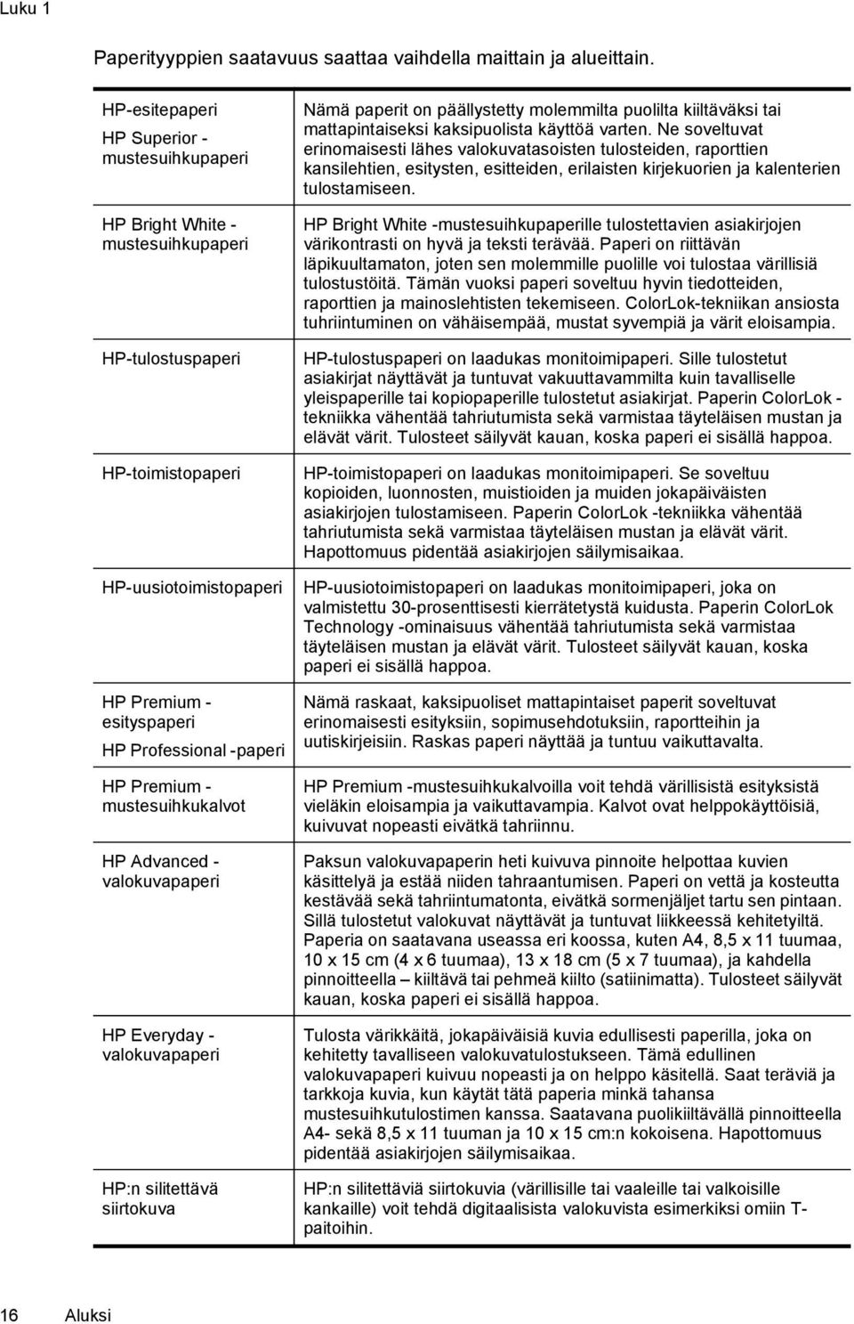 Premium - mustesuihkukalvot HP Advanced - valokuvapaperi HP Everyday - valokuvapaperi HP:n silitettävä siirtokuva Nämä paperit on päällystetty molemmilta puolilta kiiltäväksi tai mattapintaiseksi