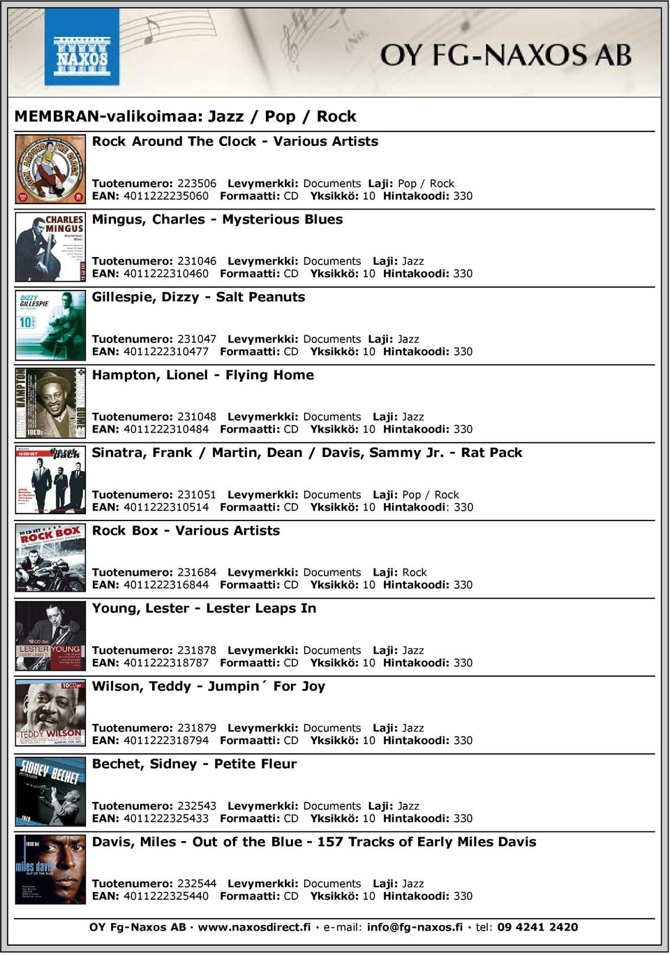 231047 Levymerkki: Documents Laji: Jazz EAN: 4011222310477 Formaatti: CD Yksikkö: 10 Hintakoodi: 330 Hampton, Lionel - Flying Home Tuotenumero: 231048 Levymerkki: Documents Laji: Jazz EAN: