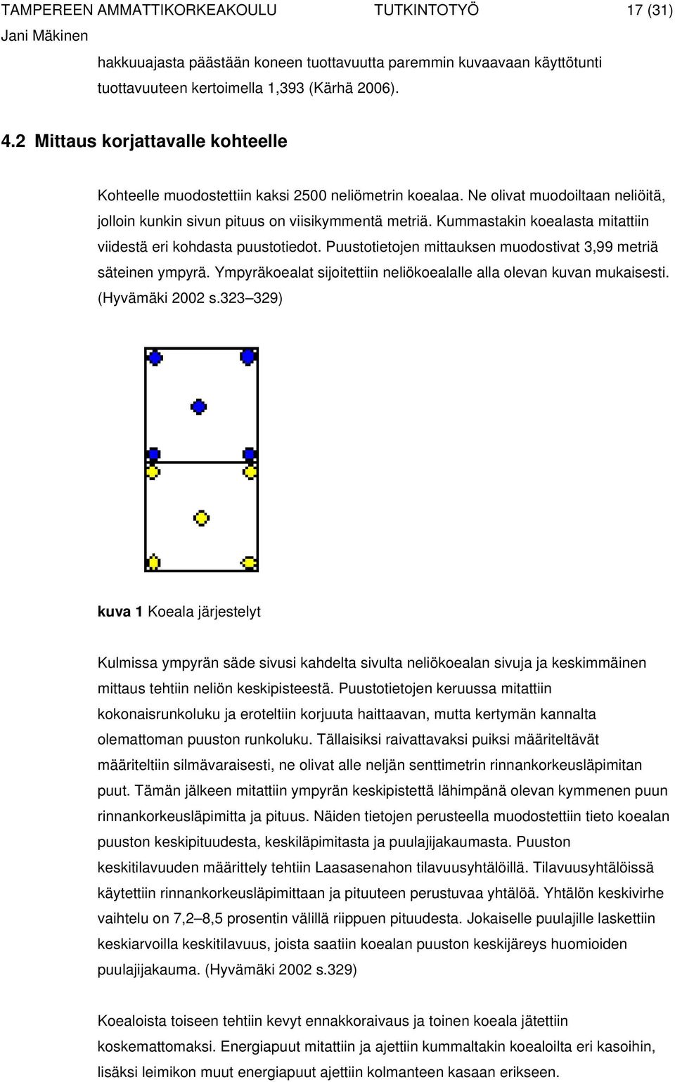 Kummastakin koealasta mitattiin viidestä eri kohdasta puustotiedot. Puustotietojen mittauksen muodostivat 3,99 metriä säteinen ympyrä.