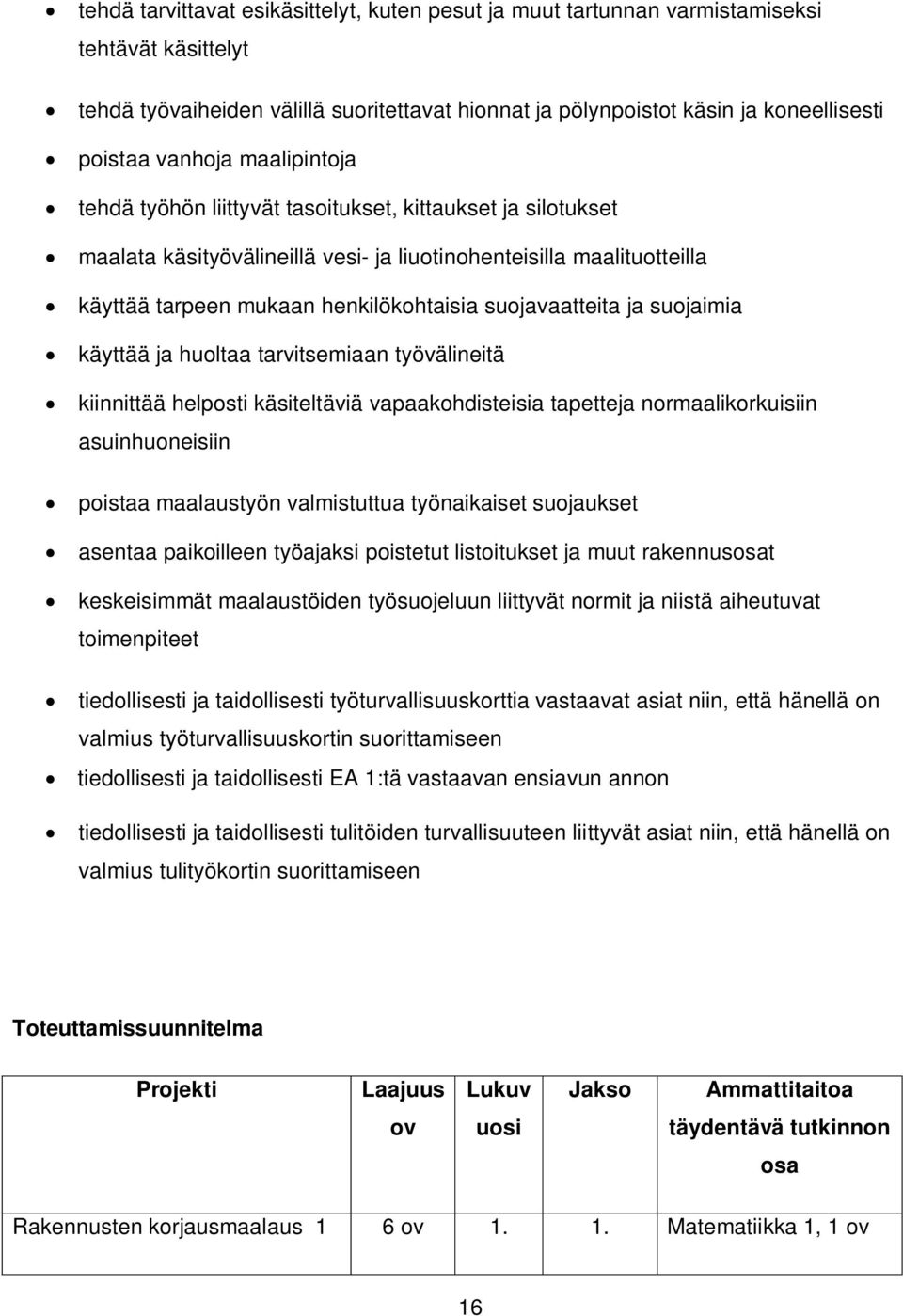 suojavaatteita ja suojaimia käyttää ja huoltaa tarvitsemiaan työvälineitä kiinnittää helposti käsiteltäviä vapaakohdisteisia tapetteja normaalikorkuisiin asuinhuoneisiin poistaa maalaustyön