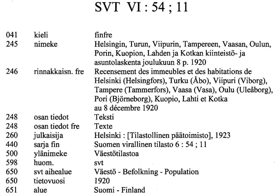 Recensement des immeubles et des habitations de Helsinki (Helsingfors), Turku (Åbo), Viipuri (Viborg), Tampere (Tammerfors), Vaasa (Vasa), Oulu (Uleåborg), Pori (Björneborg),