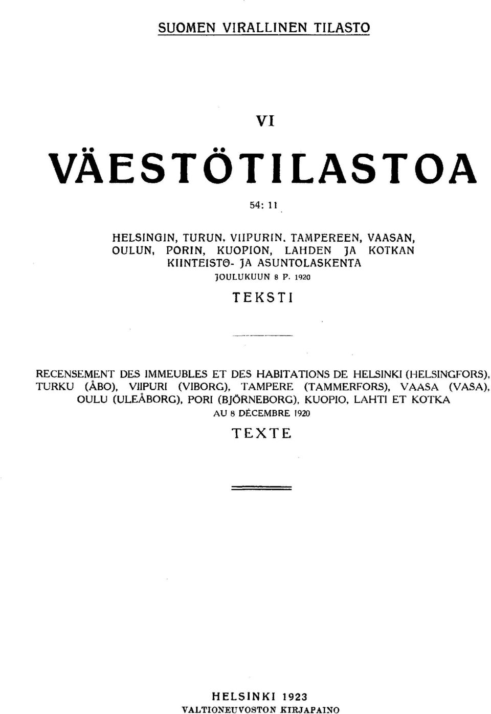 TEKSTI RECENSEMENT DES IMMEUBLES ET DES HABITATIONS DE HELSINKI (HELSINGFORS), TURKU (ÅBO), VIIPURI (VIBORG),