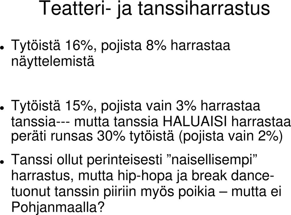 runsas 30% tytöistä (pojista vain 2%) Tanssi ollut perinteisesti naisellisempi