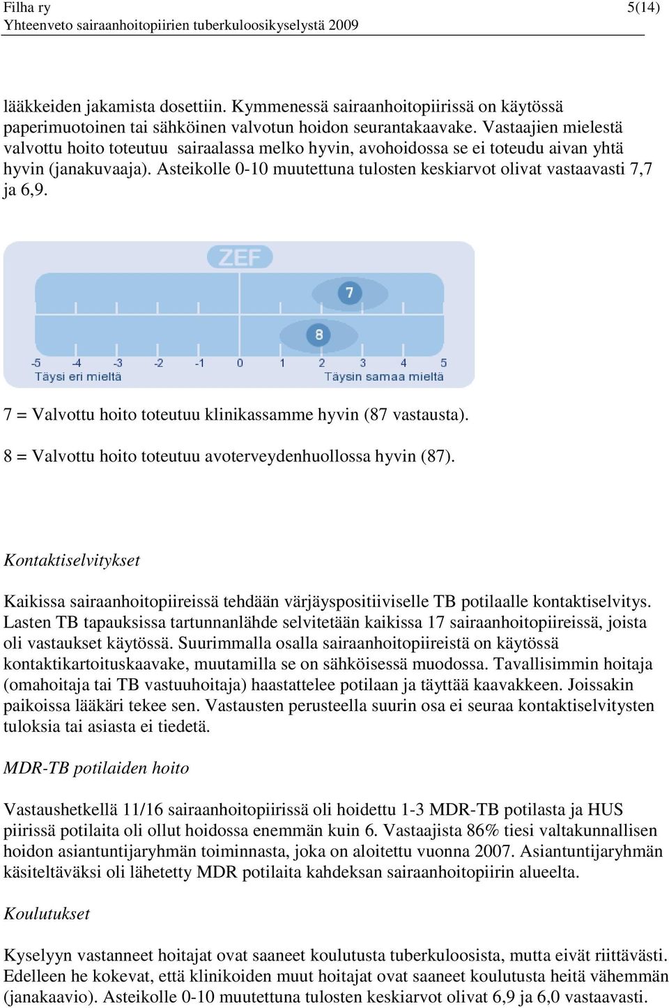 Asteikolle 0-10 muutettuna tulosten keskiarvot olivat vastaavasti 7,7 ja 6,9. 7 = Valvottu hoito toteutuu klinikassamme hyvin (87 vastausta).