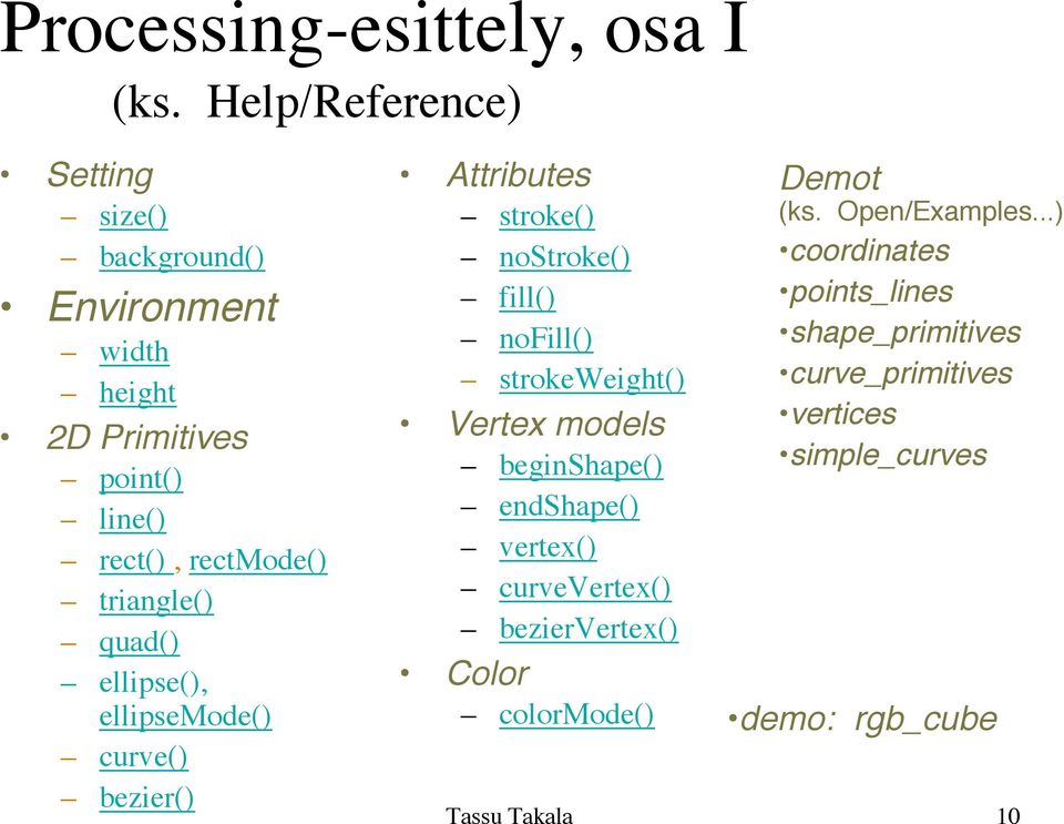 quad() ellipse(), ellipsemode() curve() bezier() Attributes stroke() nostroke() fill() nofill() strokeweight() Vertex models