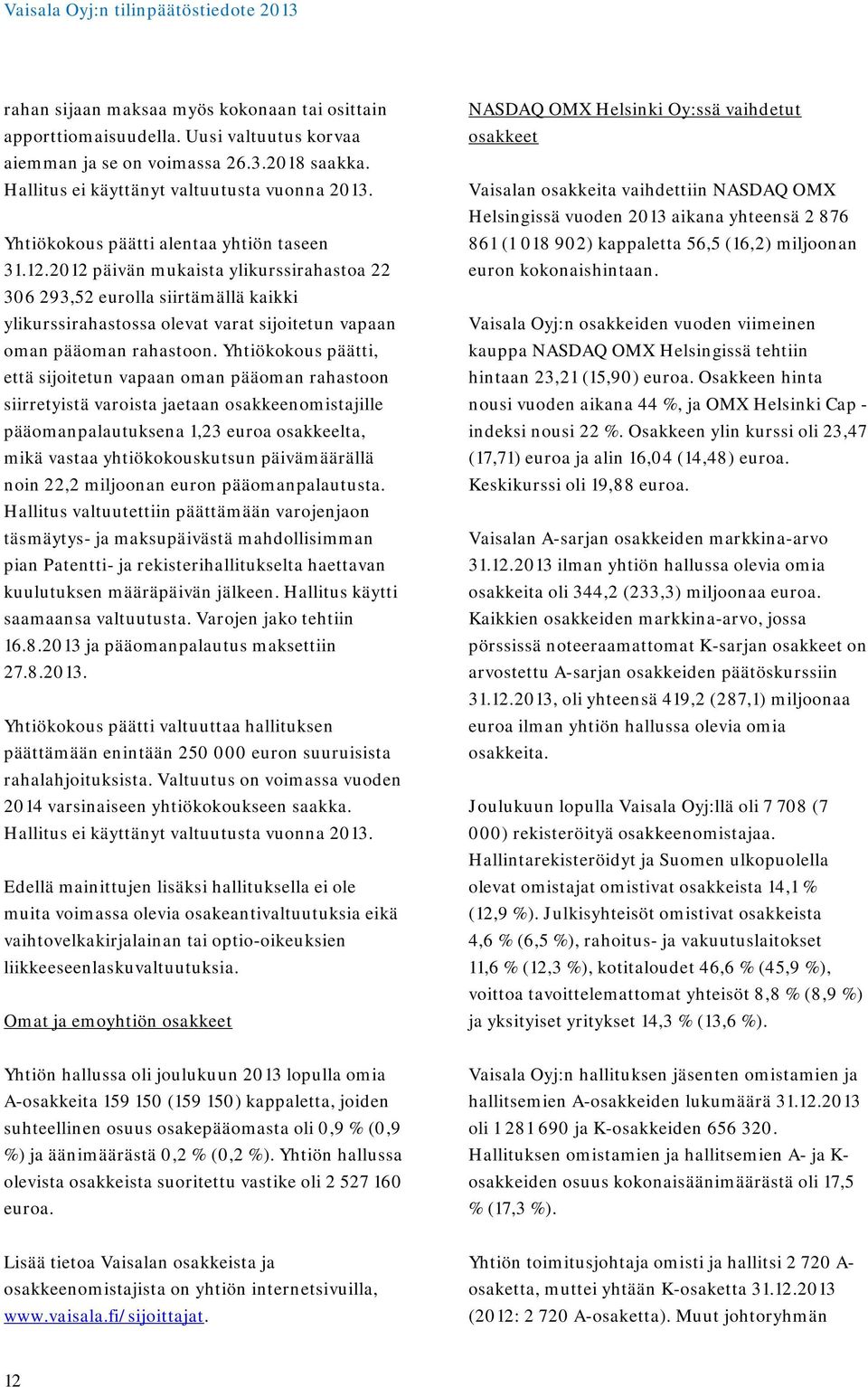 2012 päivän mukaista ylikurssirahastoa 22 306 293,52 eurolla siirtämällä kaikki ylikurssirahastossa olevat varat sijoitetun vapaan oman pääoman rahastoon.