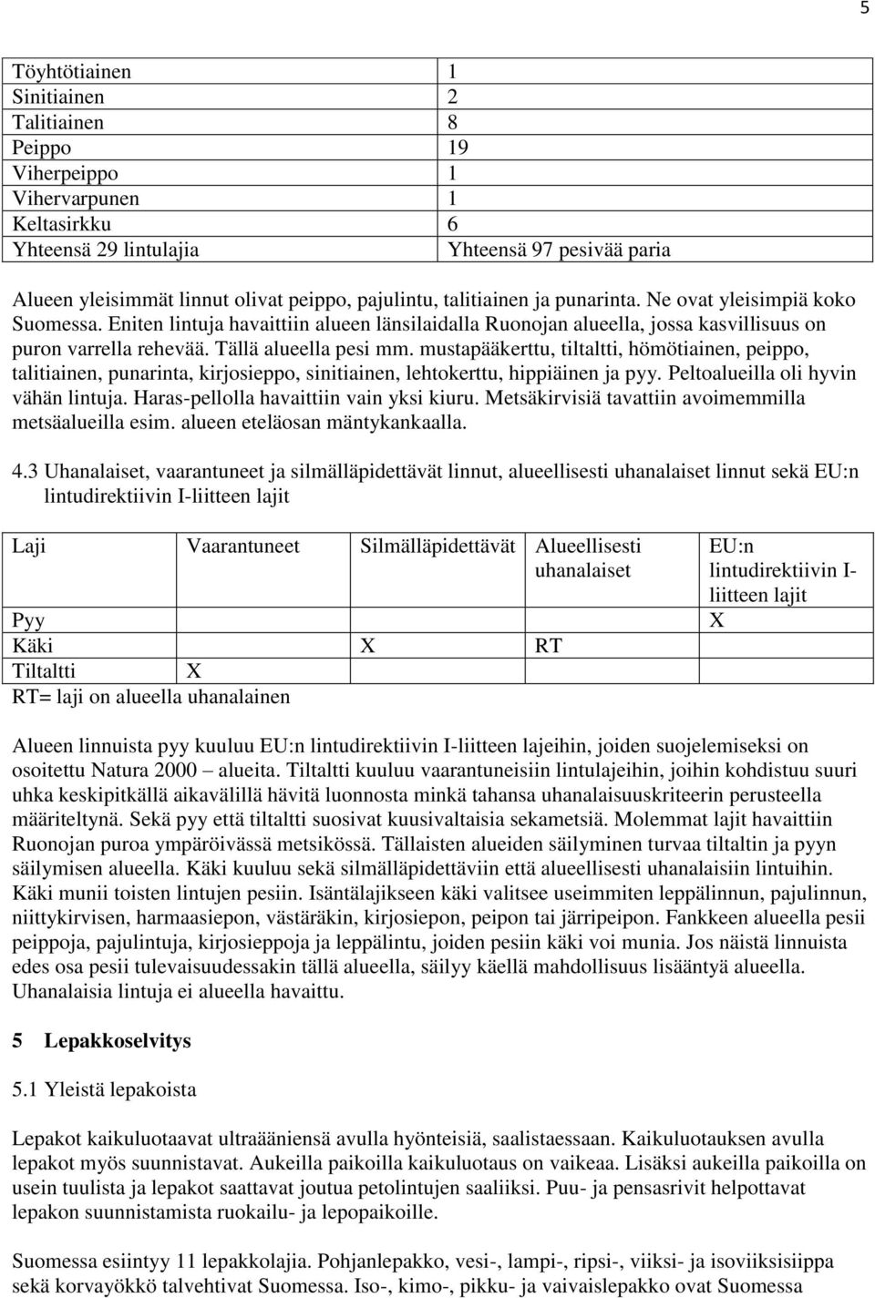 mustapääkerttu, tiltaltti, hömötiainen, peippo, talitiainen, punarinta, kirjosieppo, sinitiainen, lehtokerttu, hippiäinen ja pyy. Peltoalueilla oli hyvin vähän lintuja.