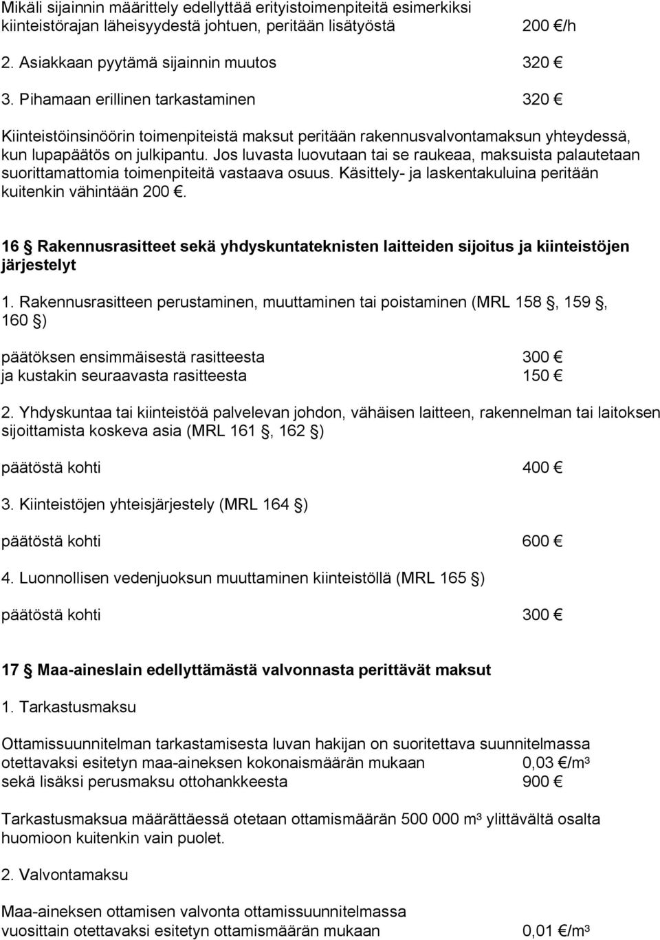 Jos luvasta luovutaan tai se raukeaa, maksuista palautetaan suorittamattomia toimenpiteitä vastaava osuus. Käsittely ja laskentakuluina peritään kuitenkin vähintään 200.