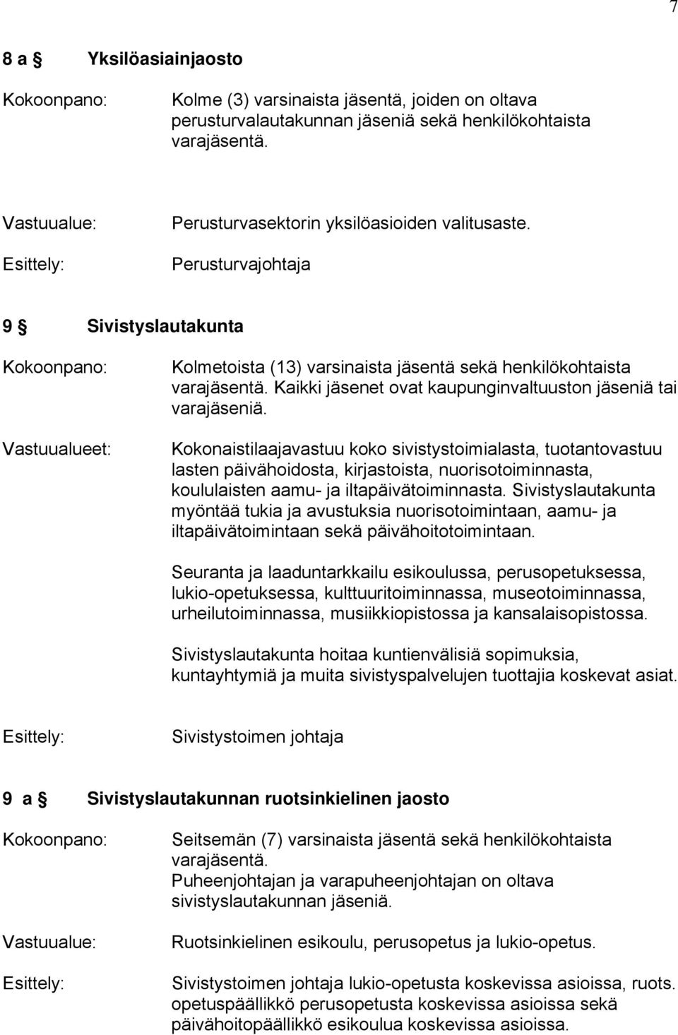 Kokonaistilaajavastuu koko sivistystoimialasta, tuotantovastuu lasten päivähoidosta, kirjastoista, nuorisotoiminnasta, koululaisten aamu- ja iltapäivätoiminnasta.