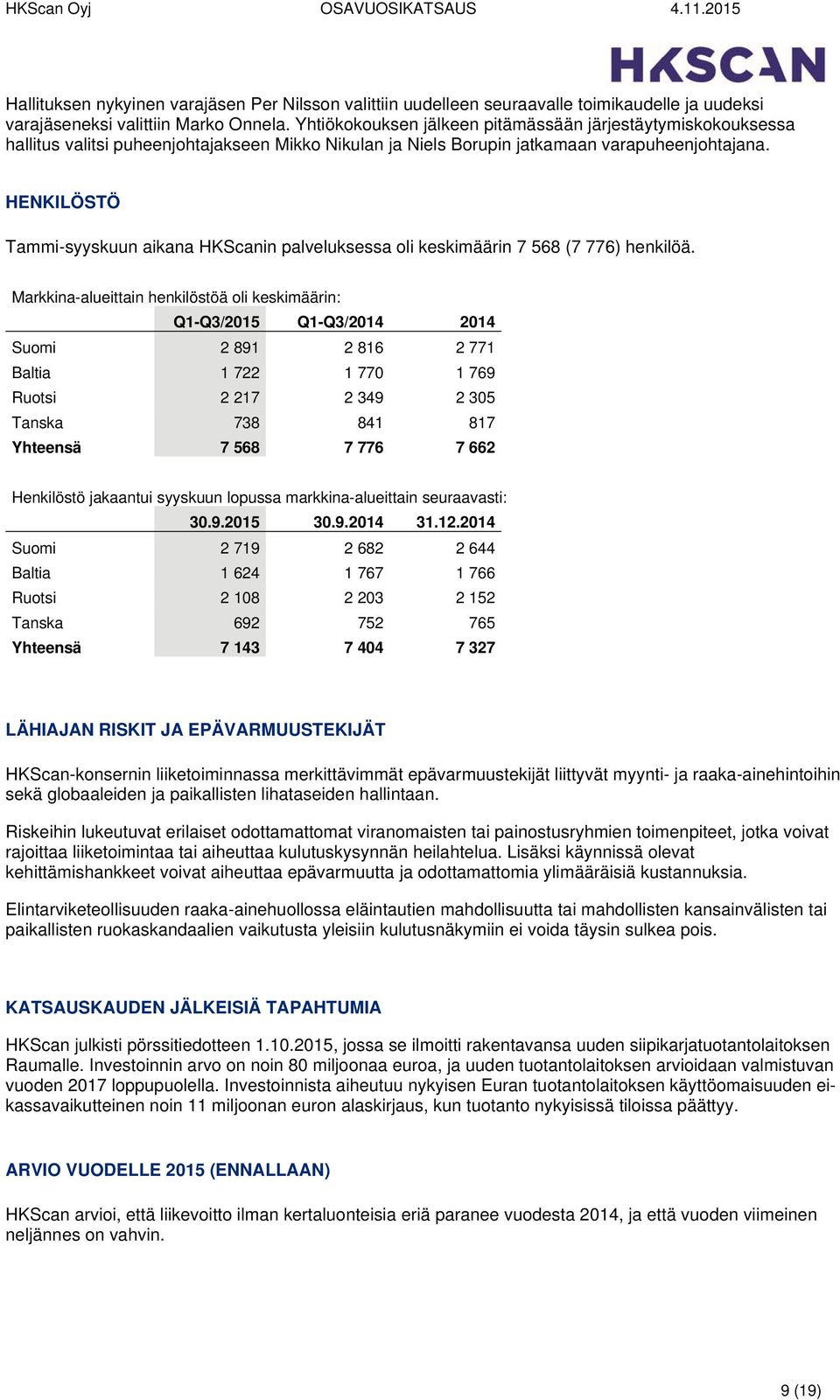 HENKILÖSTÖ Tammi-syyskuun aikana HKScanin palveluksessa oli keskimäärin 7 568 (7 776) henkilöä.