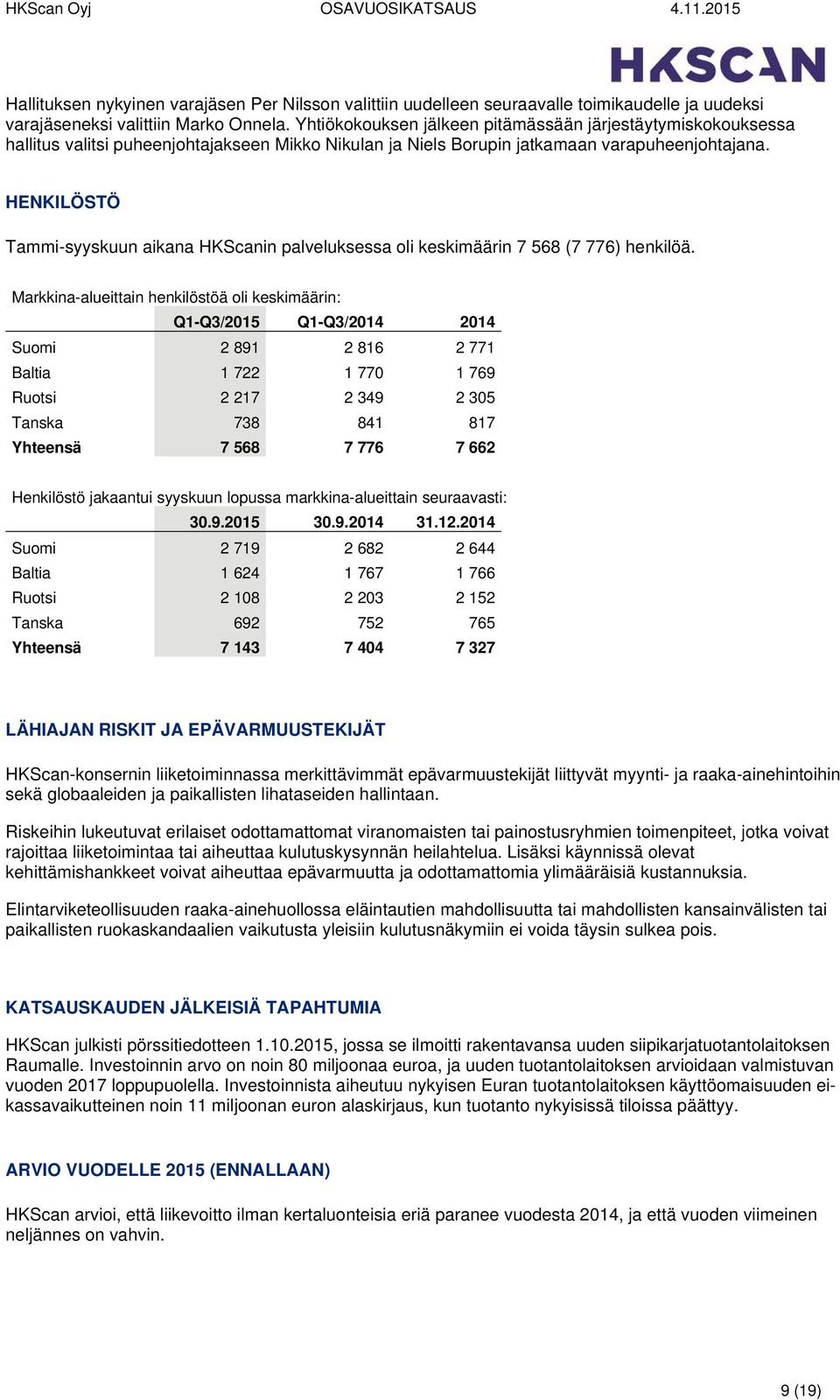 HENKILÖSTÖ Tammi-syyskuun aikana HKScanin palveluksessa oli keskimäärin 7 568 (7 776) henkilöä.