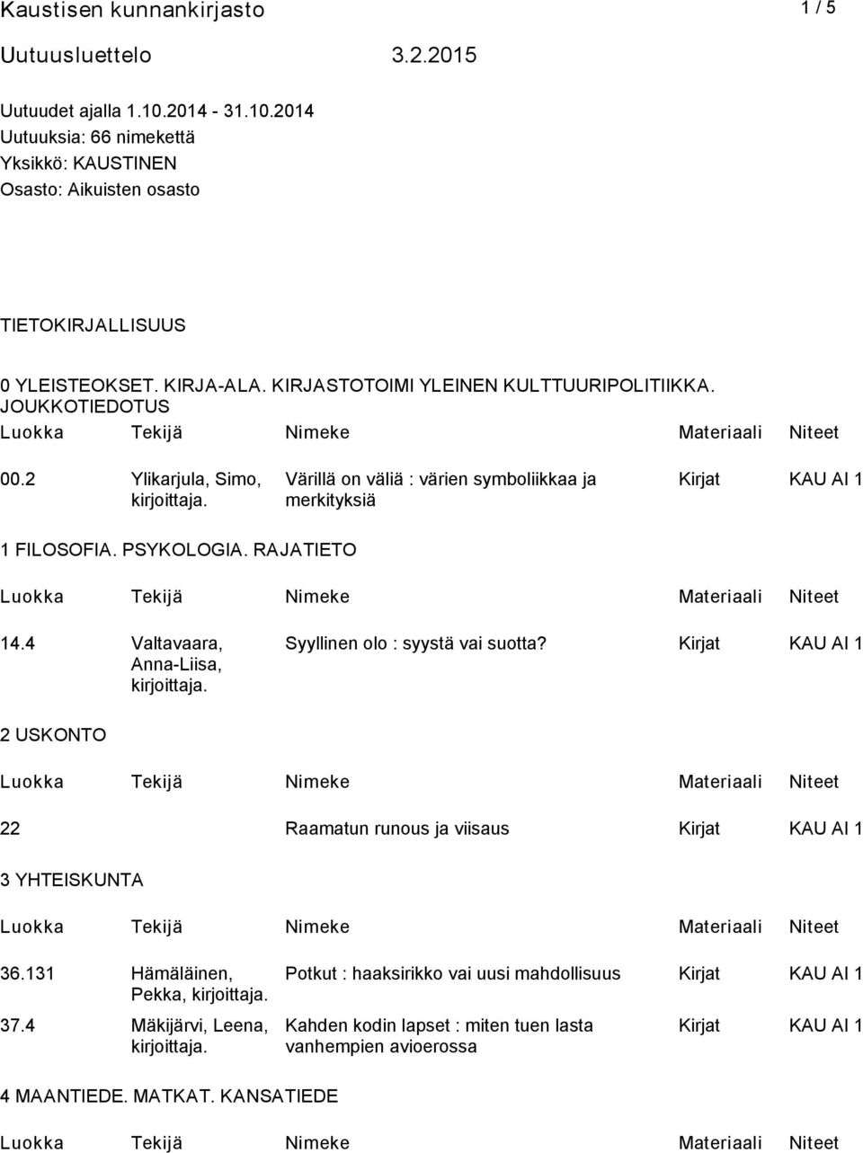 KIRJASTOTOIMI YLEINEN KULTTUURIPOLITIIKKA. JOUKKOTIEDOTUS 00.2 Ylikarjula, Simo, Värillä on väliä : värien symboliikkaa ja merkityksiä 1 FILOSOFIA. PSYKOLOGIA.