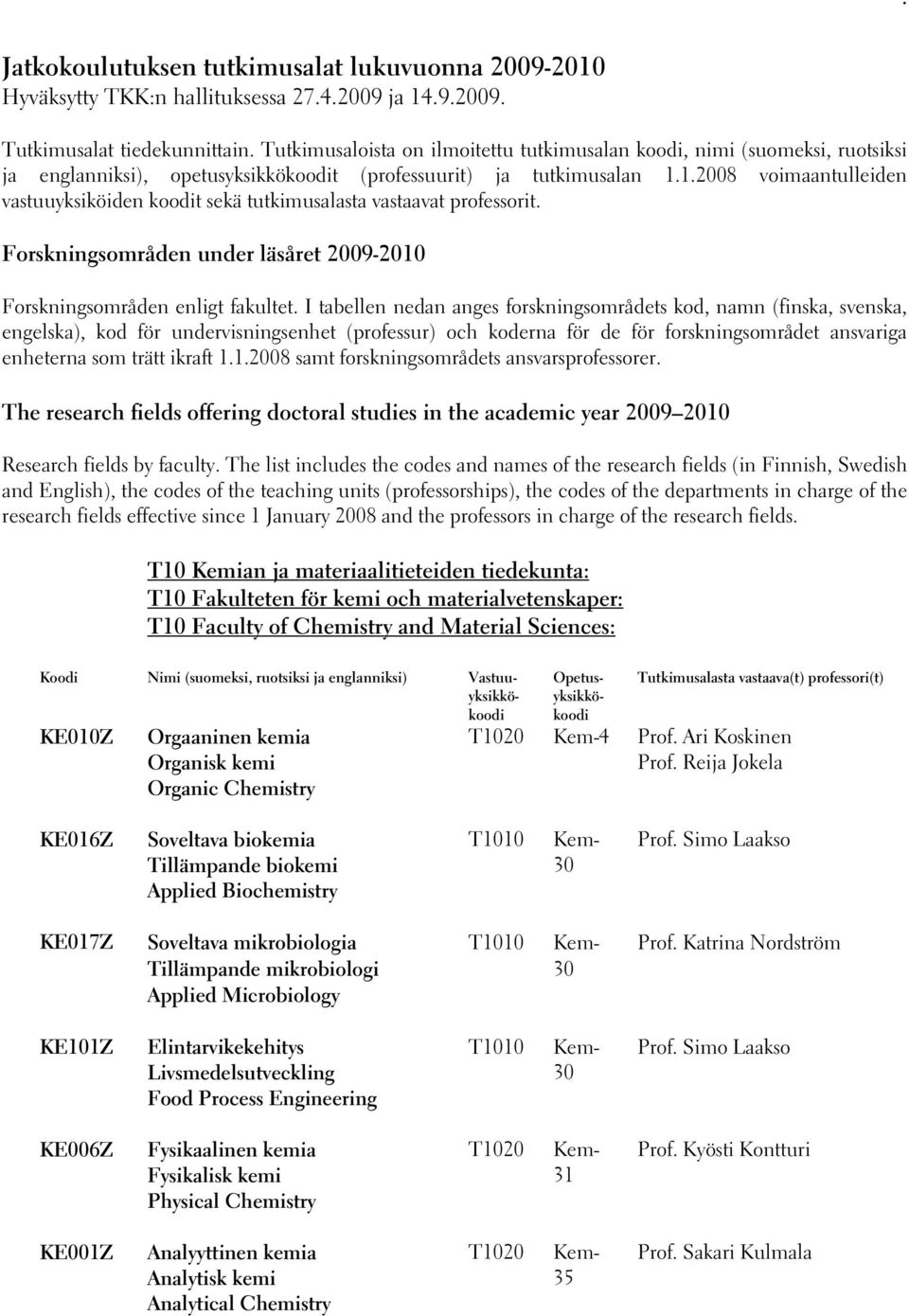 1.2008 voimaantulleiden vastuuyksiköiden koodit sekä tutkimusalasta vastaavat professorit. Forskningsområden under läsåret 2009-2010 Forskningsområden enligt fakultet.